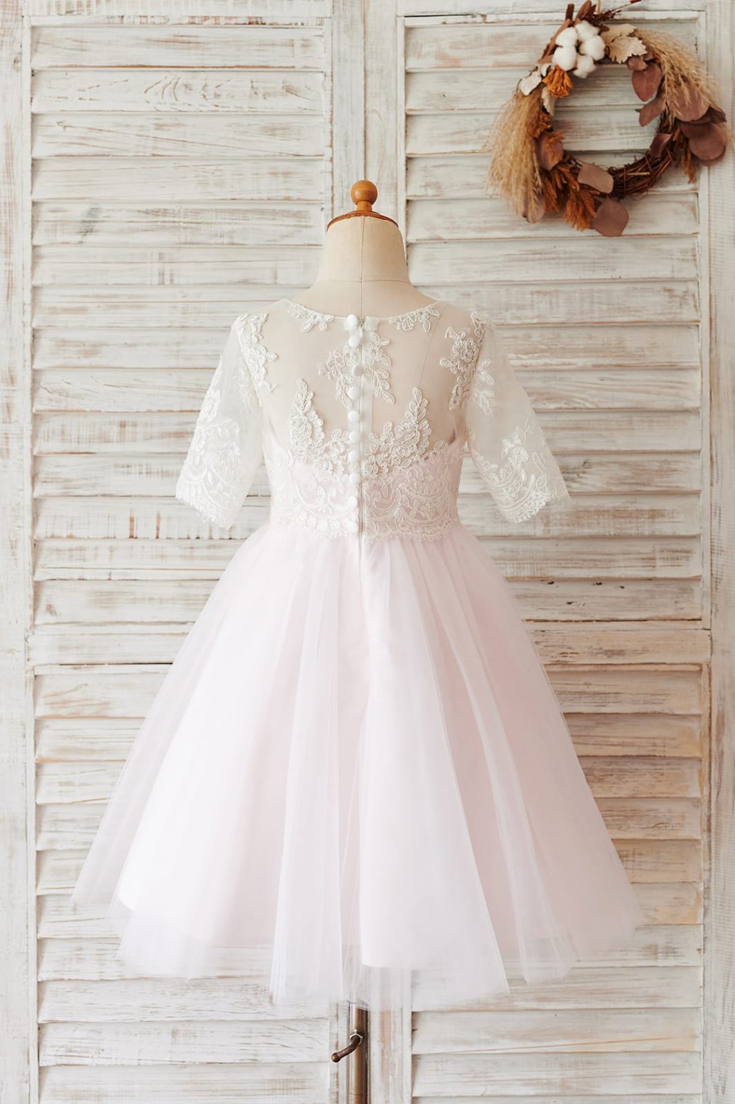 Princess Ivory Lace Pink Tulle Short Sleeves Wedding Flower Girl Dress