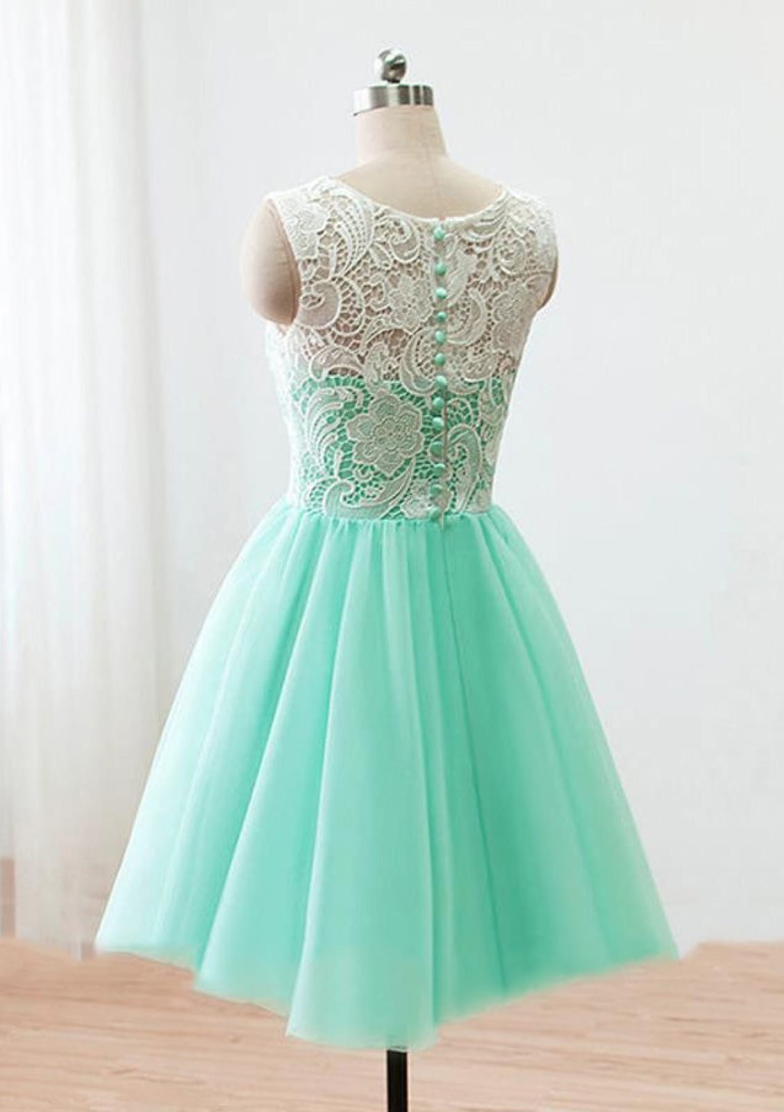 Princess Ivory Lace Top Mint Green Tulle Short Bridesmaid Homecoming Dress