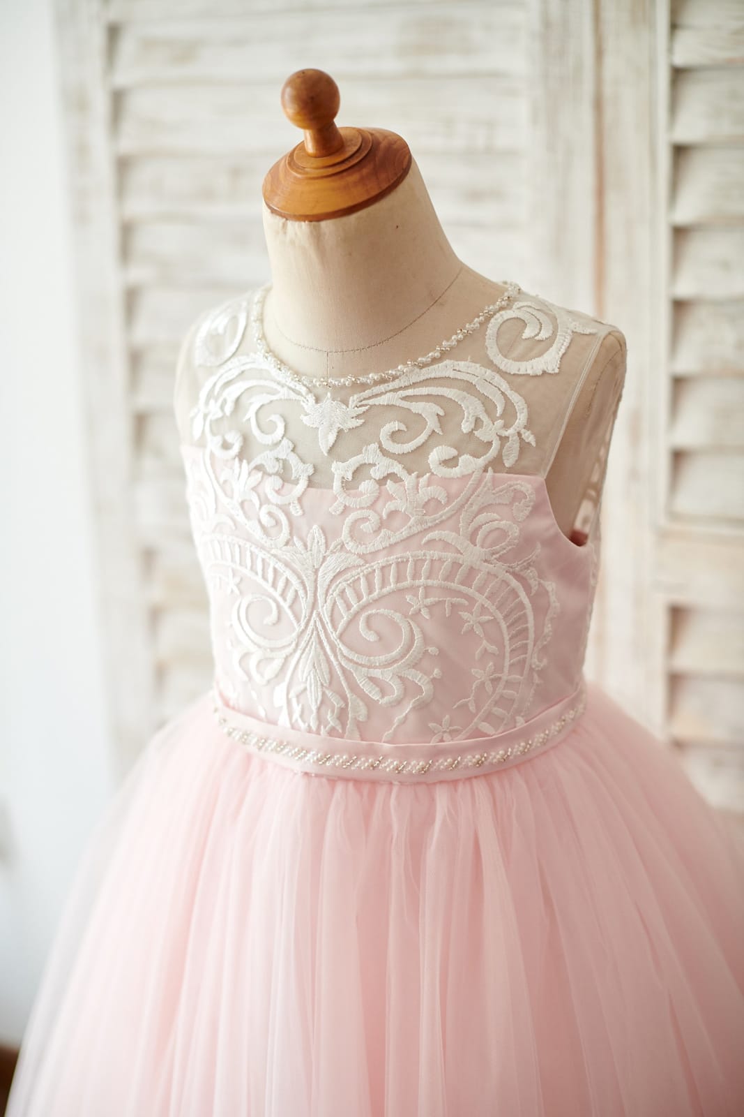 Princess Keyhole Back Ivory Lace Pink Tulle Wedding Flower Girl Dress