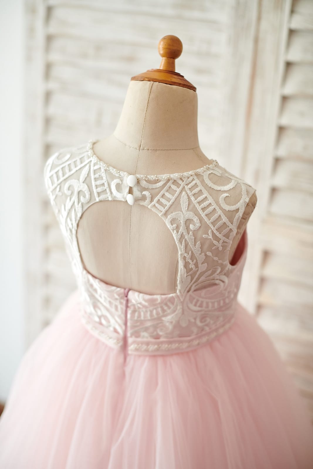 Princess Keyhole Back Ivory Lace Pink Tulle Wedding Flower Girl Dress