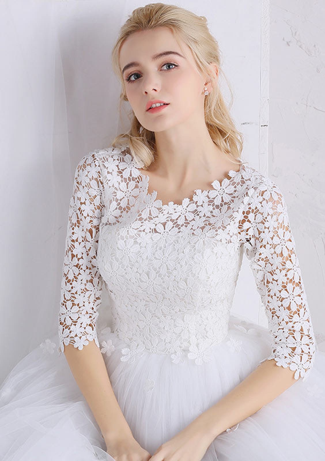 Princess Tea Length White Flowers Lace Tulle Wedding Dress