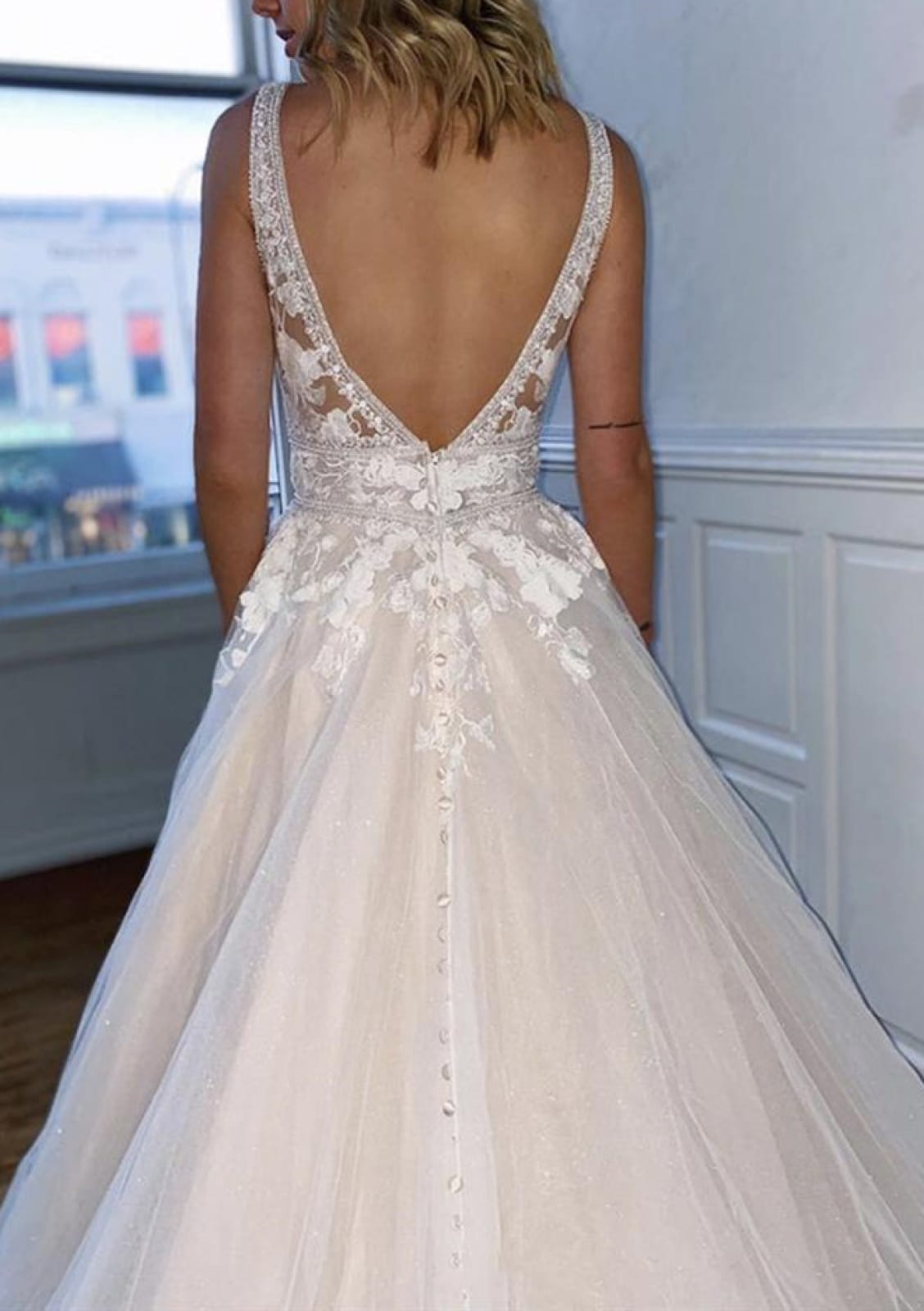 Princess V Neck Sleeveless Organza Lace Open Back Wedding Dress