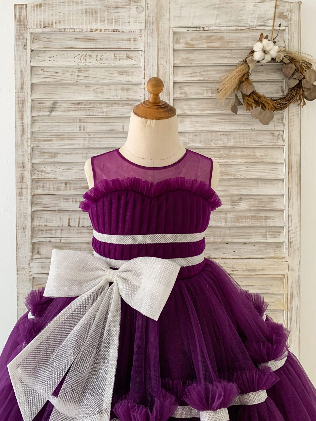 Princess Sheer Neck Pleated Purple Tulle Wedding Flower Girl Dress Kids Party, Bow