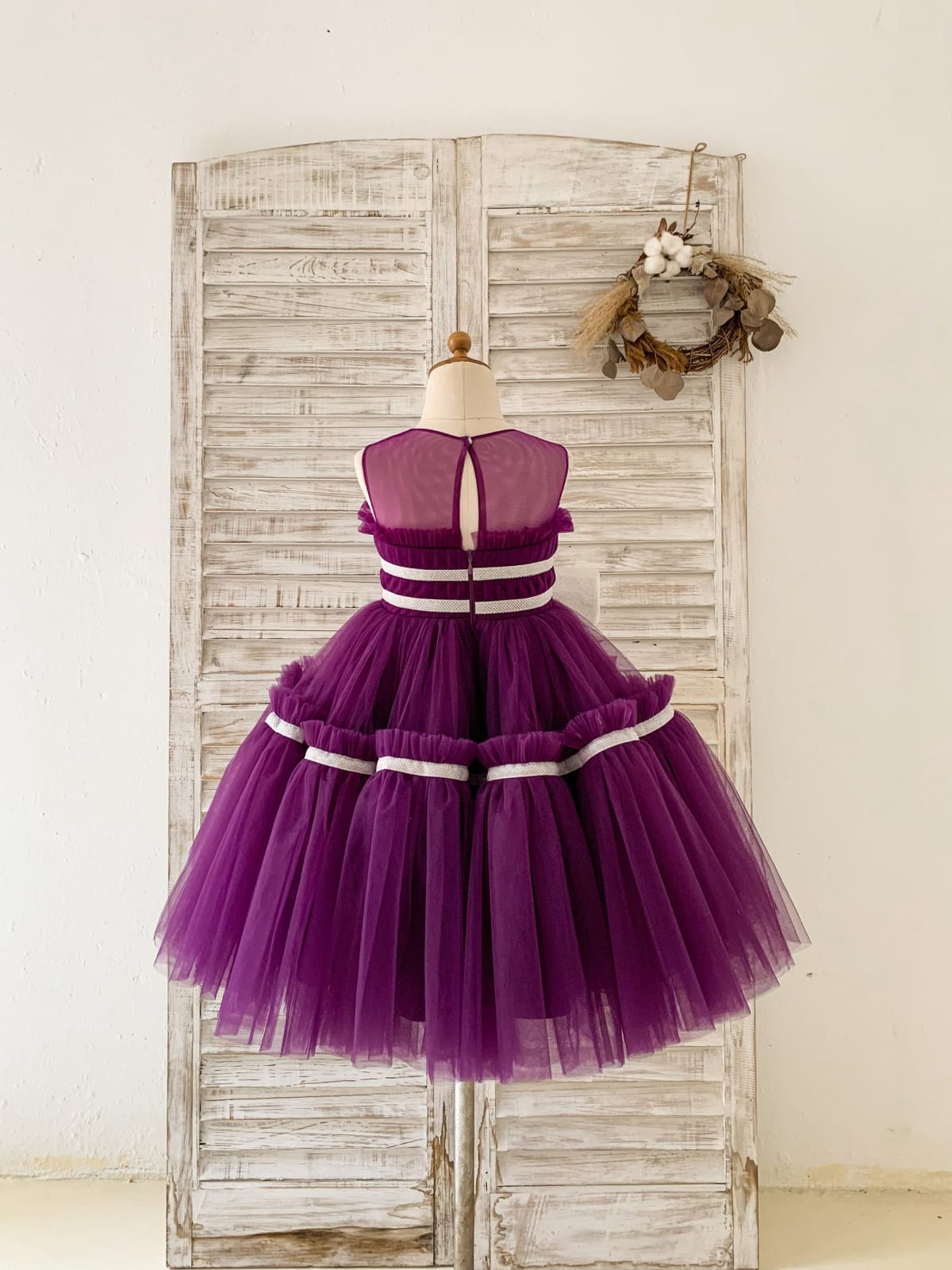 Princess Sheer Neck Pleated Purple Tulle Wedding Flower Girl Dress Kids Party, Bow