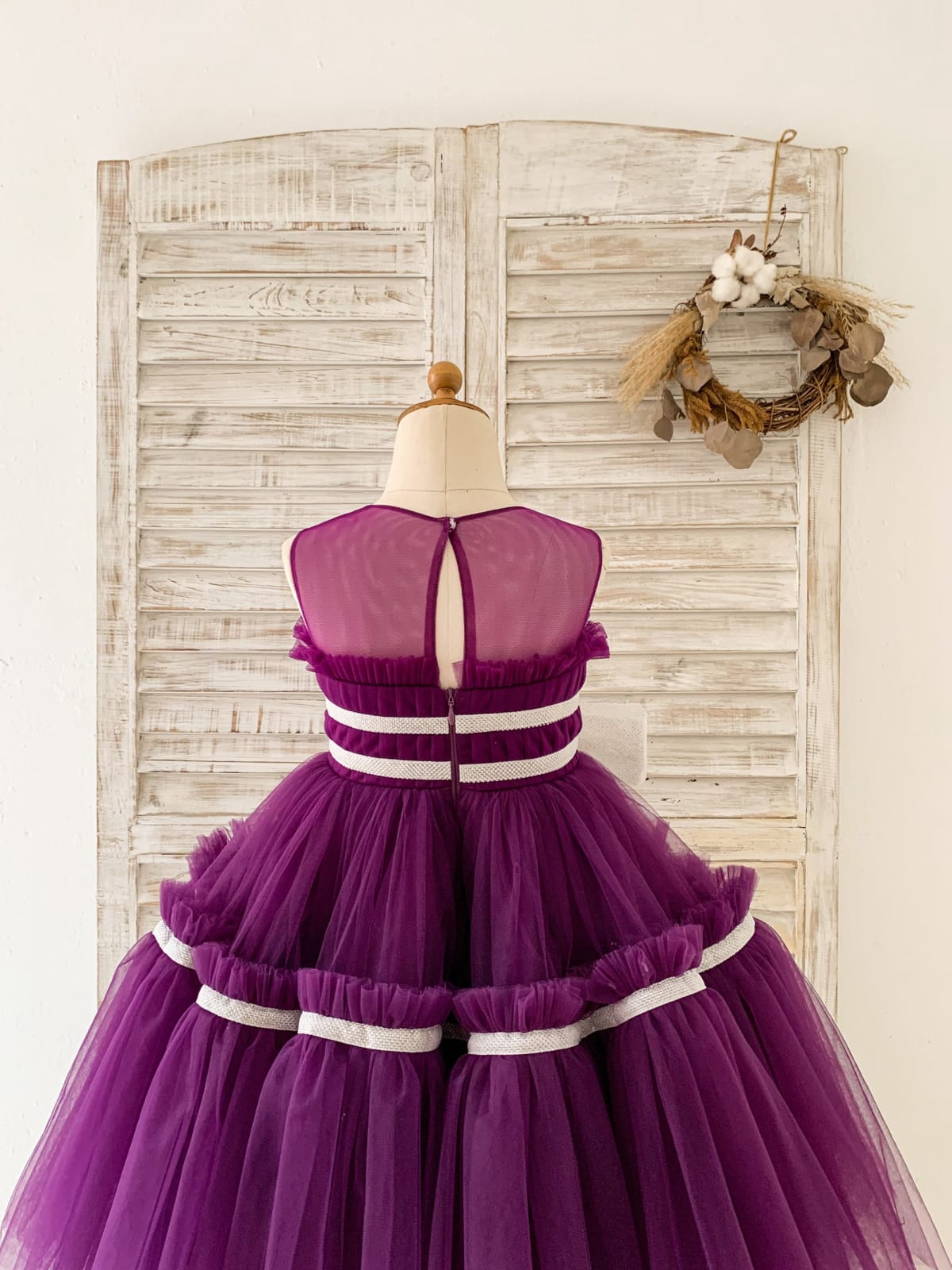Princess Sheer Neck Pleated Purple Tulle Wedding Flower Girl Dress Kids Party, Bow