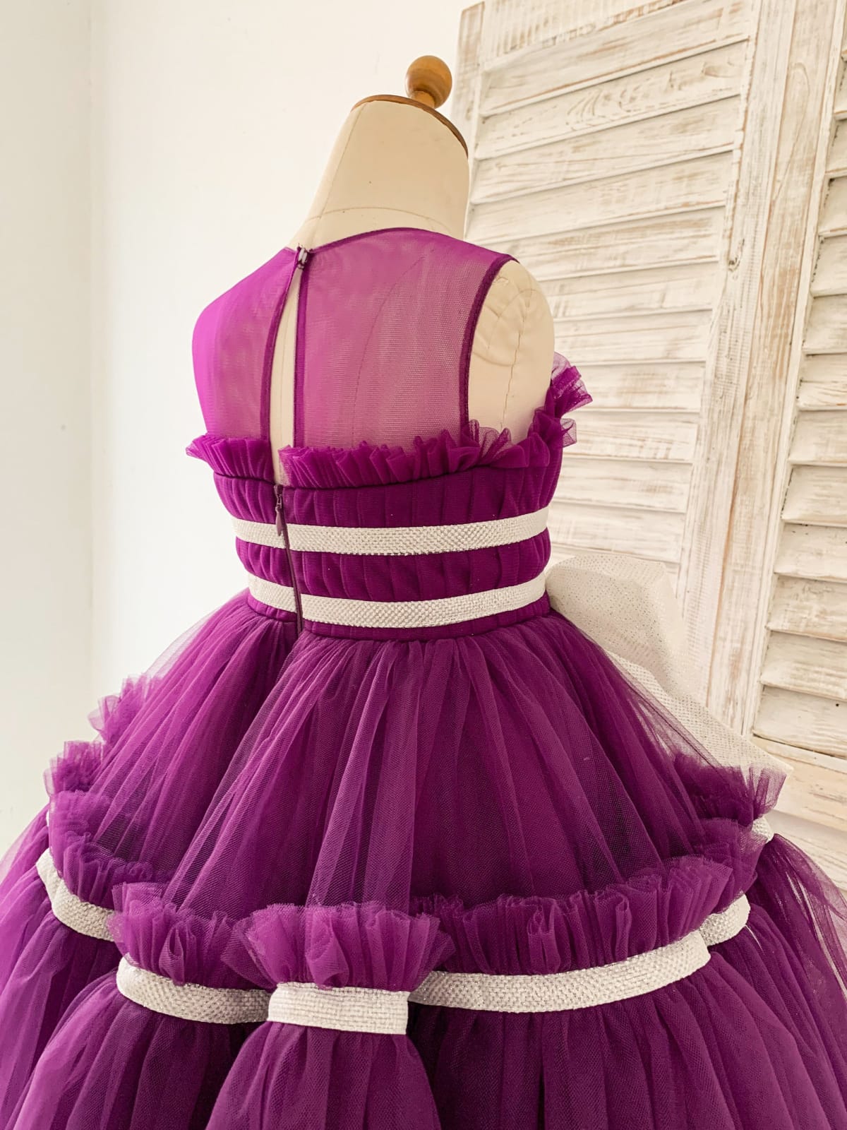 Princess Sheer Neck Pleated Purple Tulle Wedding Flower Girl Dress Kids Party, Bow