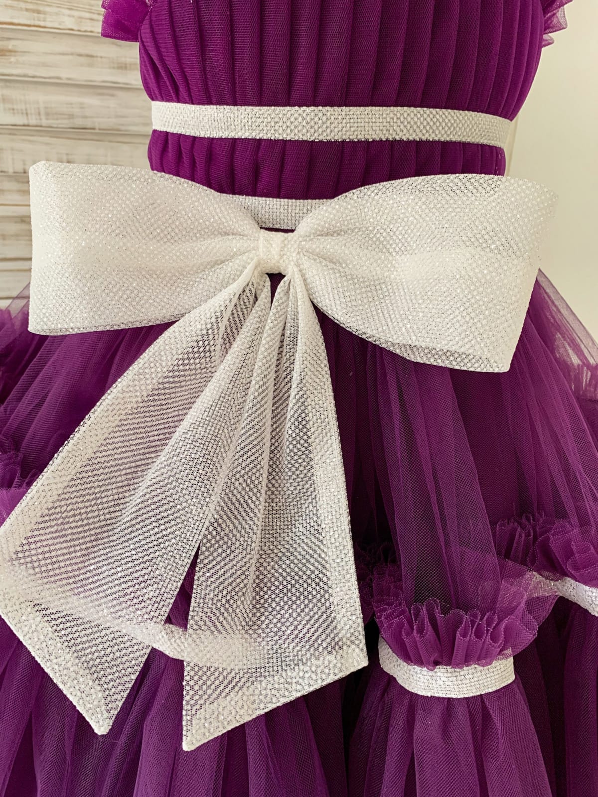 Princess Sheer Neck Pleated Purple Tulle Wedding Flower Girl Dress Kids Party, Bow