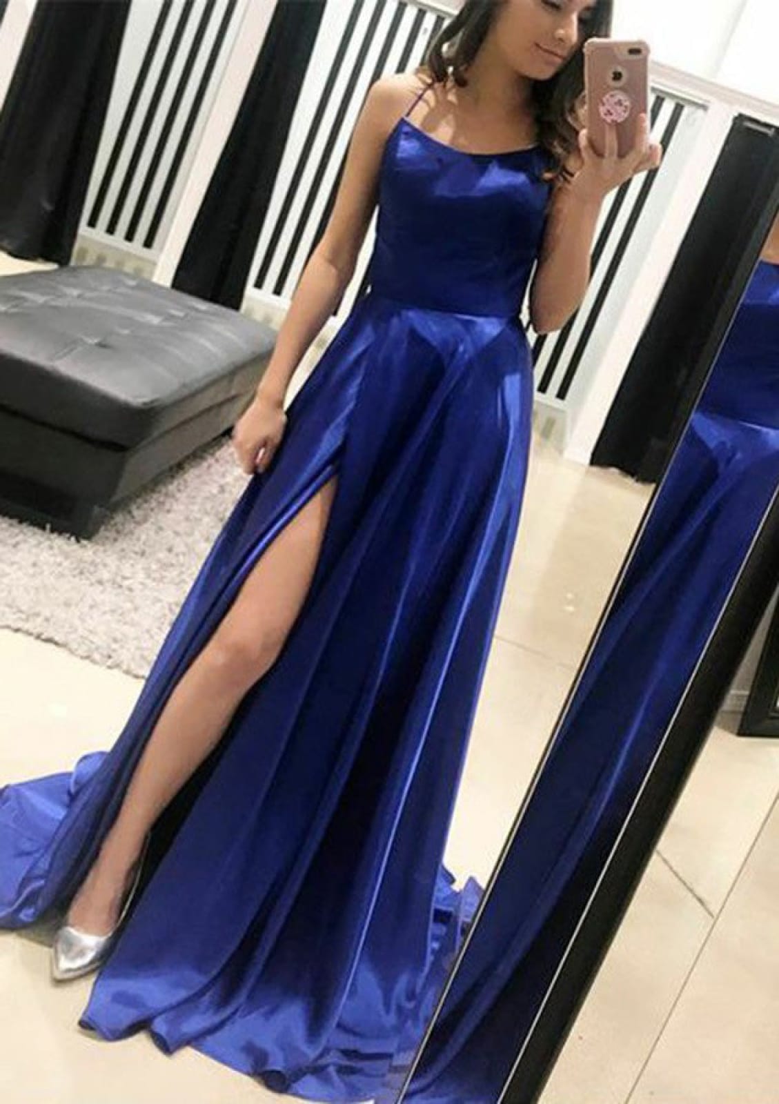 Princess Sleeveless Straps Sweep Royal Blue Charmeuse Prom Dress, Slit