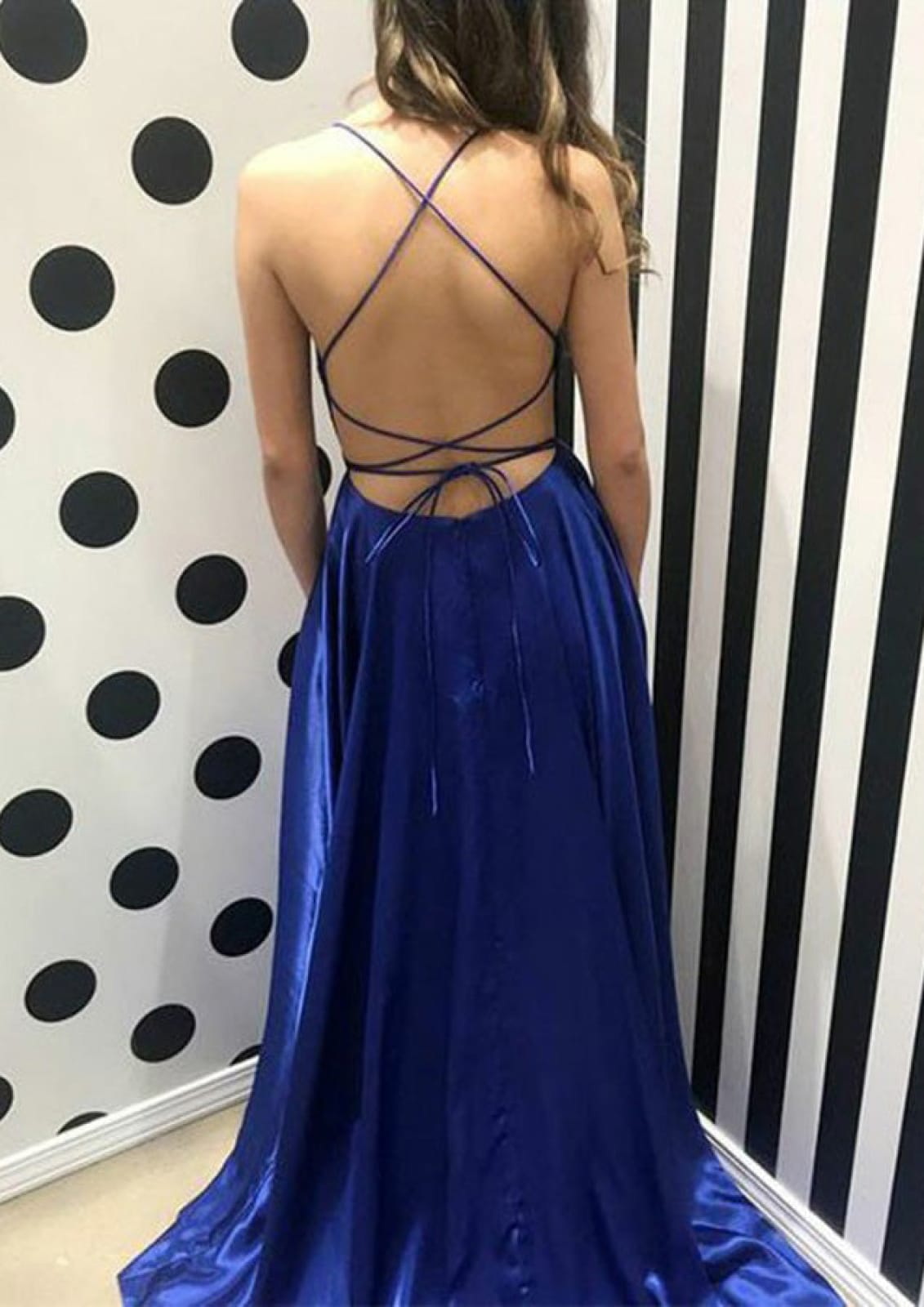 Princess Sleeveless Straps Sweep Royal Blue Charmeuse Prom Dress, Slit