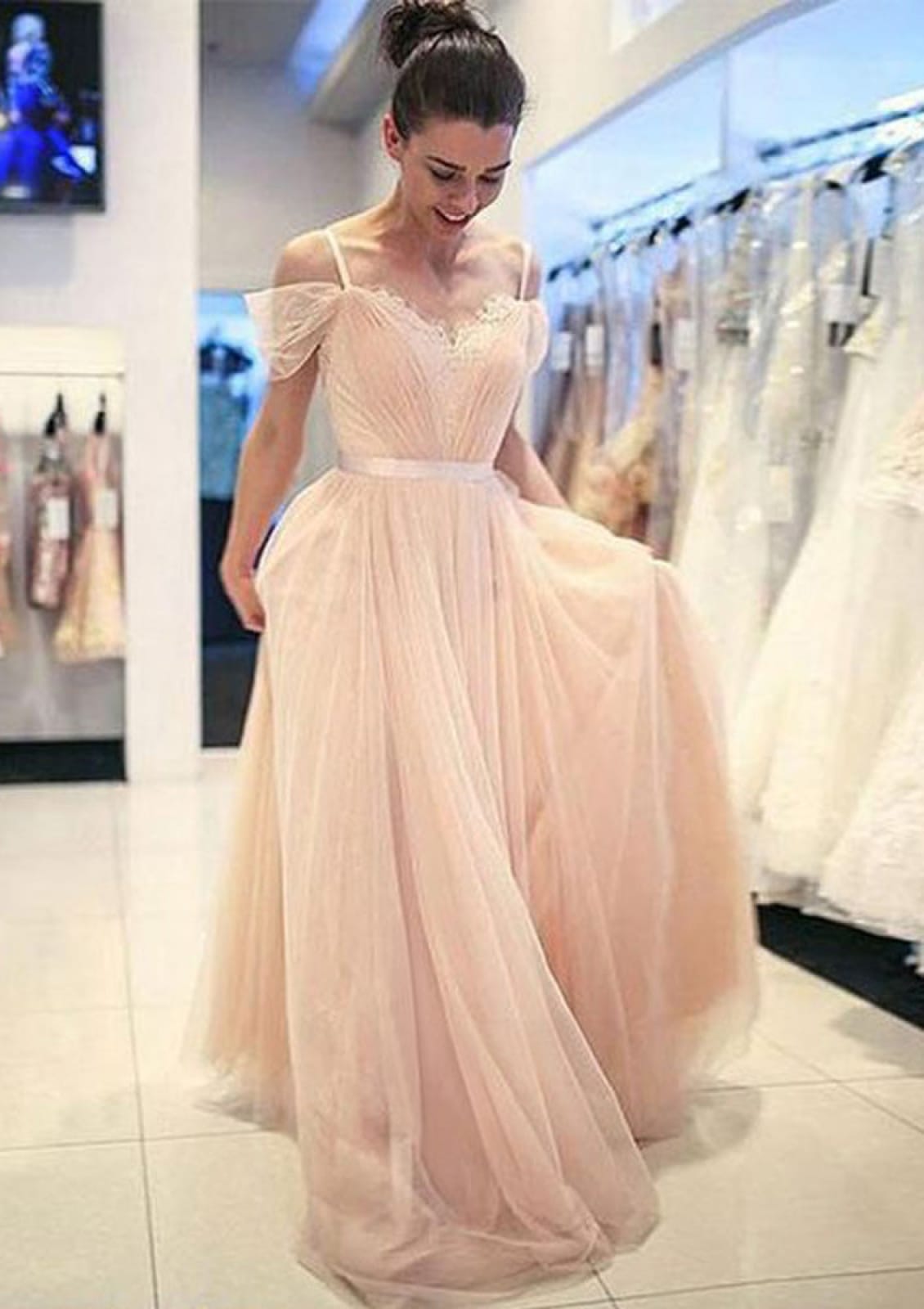 Princess Sweetheart Cold Shoulder Sweep Pearl Pink Tulle Prom Dress, Sash