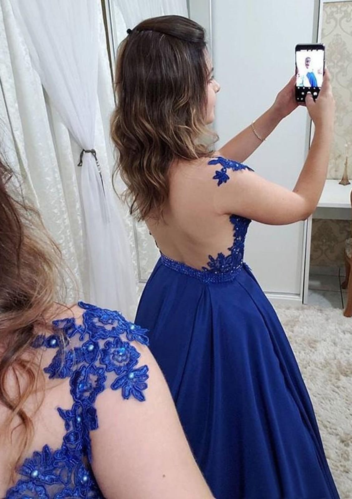 Royal Blue A-line Illusion Back Satin Formal Party Evening Prom Dress, Beaded Lace