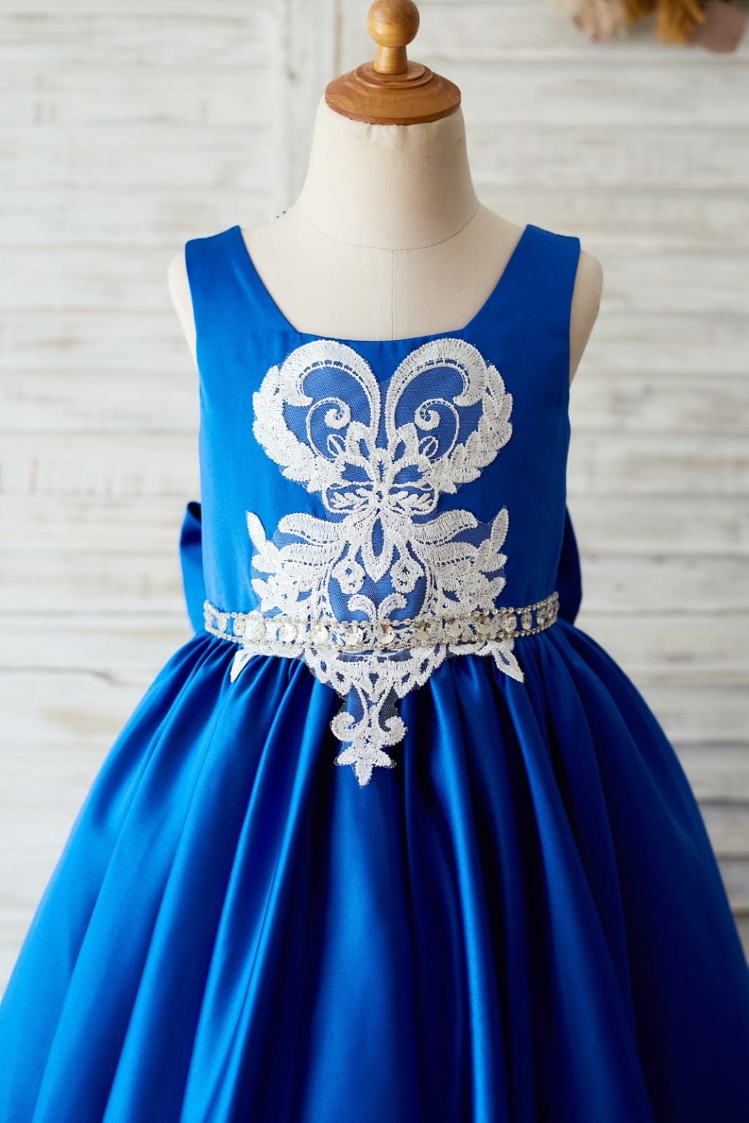 Royal Blue Satin Square Neck Wedding Party Flower Girl Dress, Lace Trim