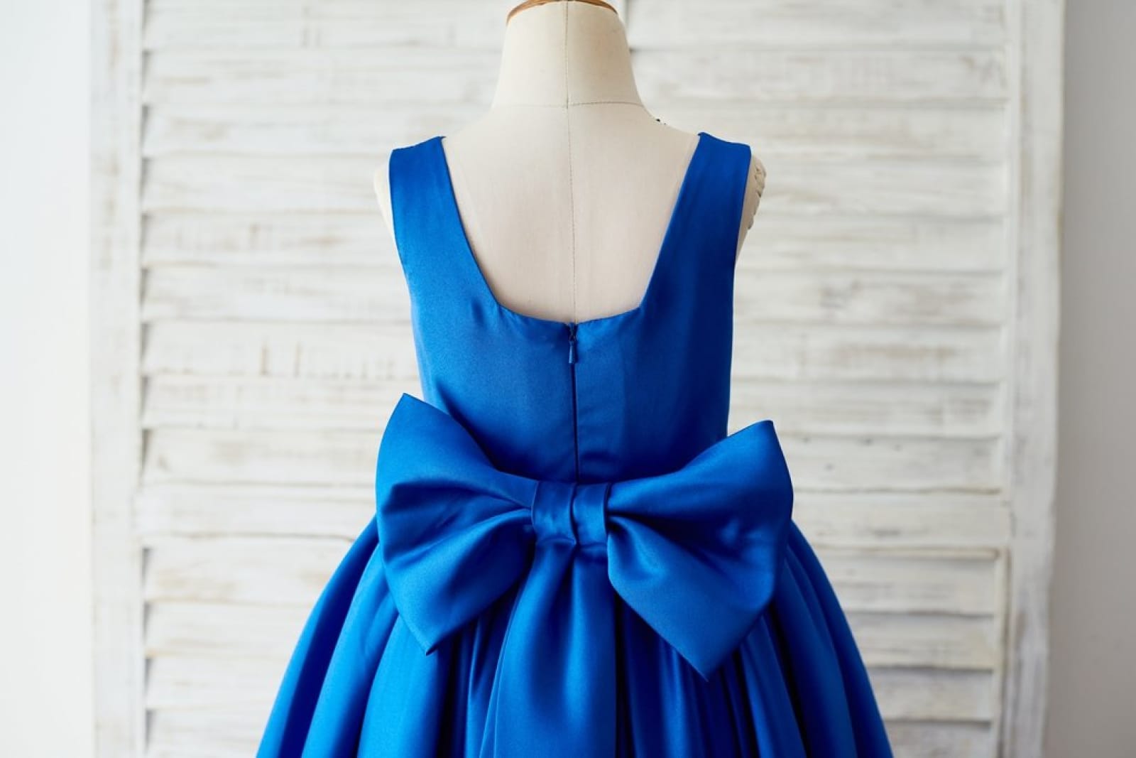 Royal Blue Satin Square Neck Wedding Party Flower Girl Dress, Lace Trim