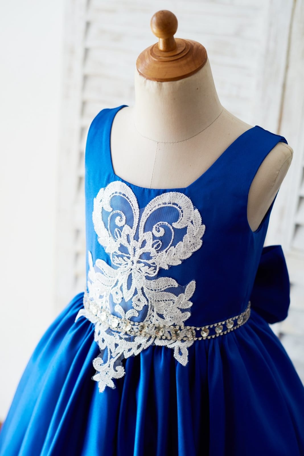 Royal Blue Satin Square Neck Wedding Party Flower Girl Dress, Lace Trim