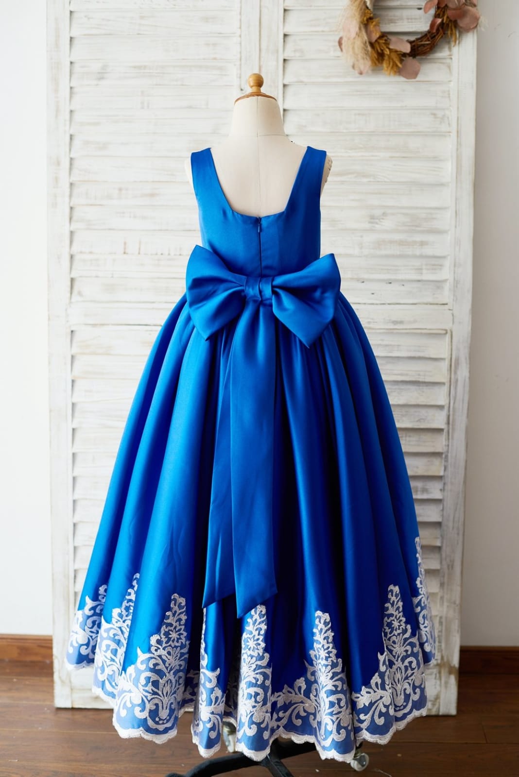 Royal Blue Satin Square Neck Wedding Party Flower Girl Dress, Lace Trim
