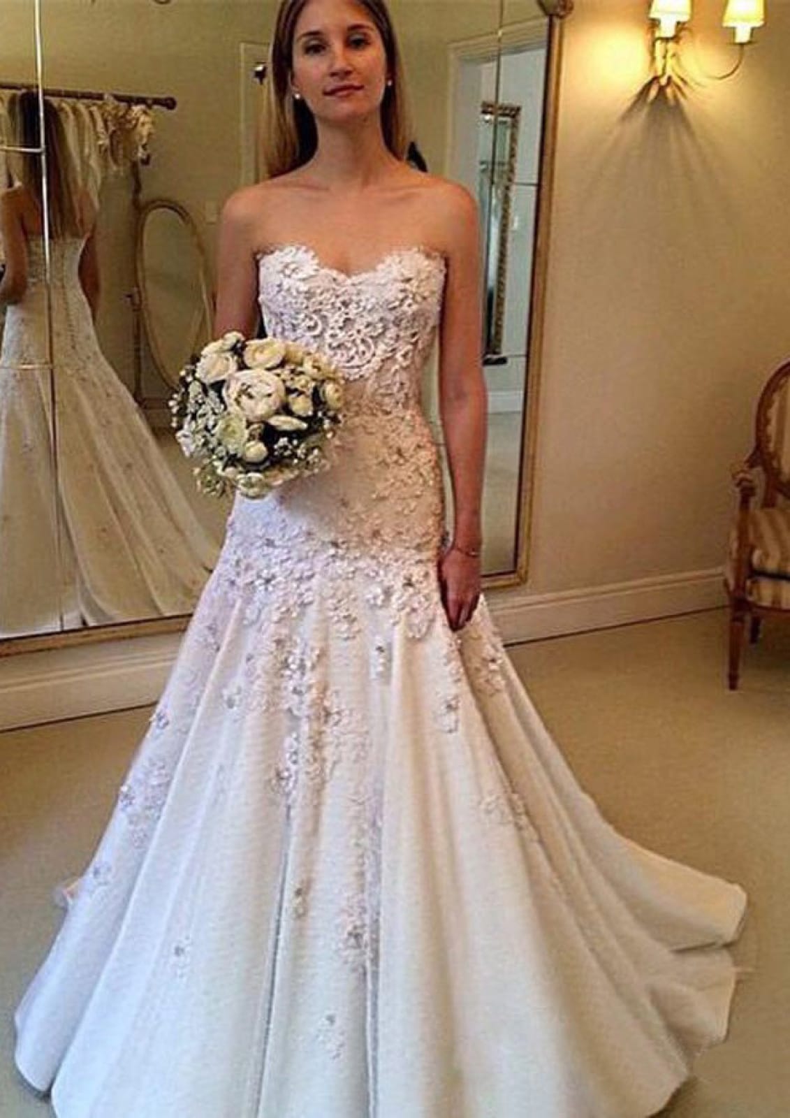 Satin A-Line Wedding Dress Strapless Ivory Lace Tulle Flowers