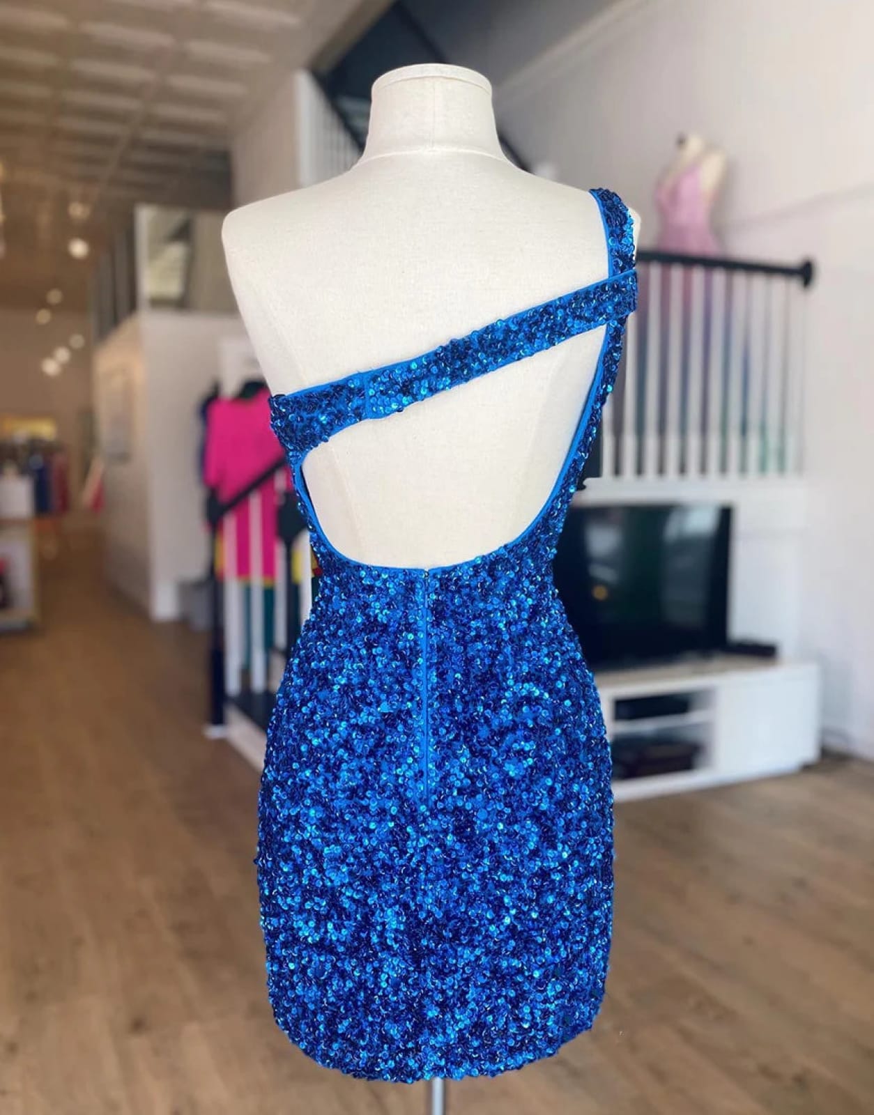 Sexy Glitter One Shoulder Hot Pink/Royal Blue Sequins Backless Homecoming Dress