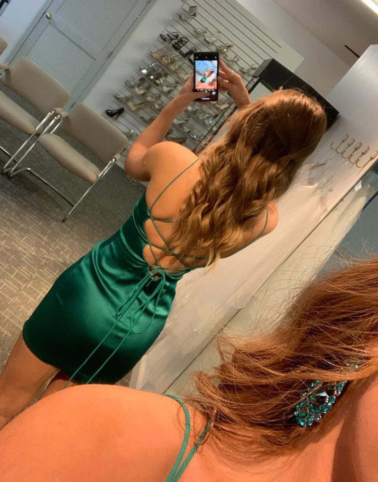Sexy V Neck Green Satin Spaghetti Straps Backless Short Homecoming Dress