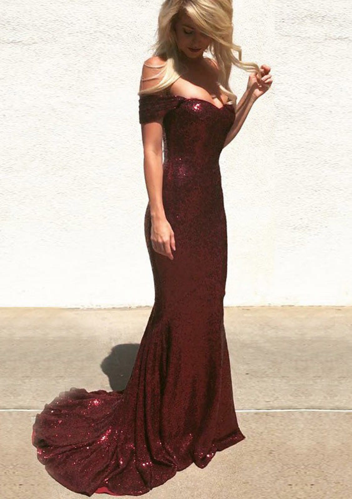 Sexy Off Shoulder Floor Length Sweep Train Burgundy Sequin Mermaid Evening Dress