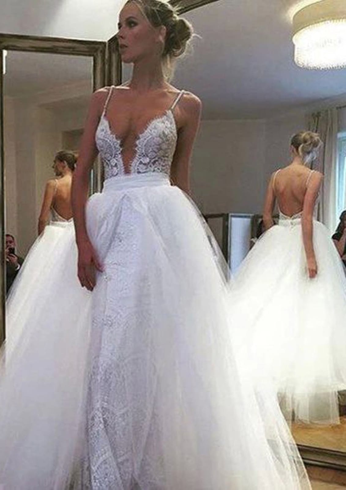 Sexy Strap Plunging Backless Over Tulle Skirt Lace Wedding Dress
