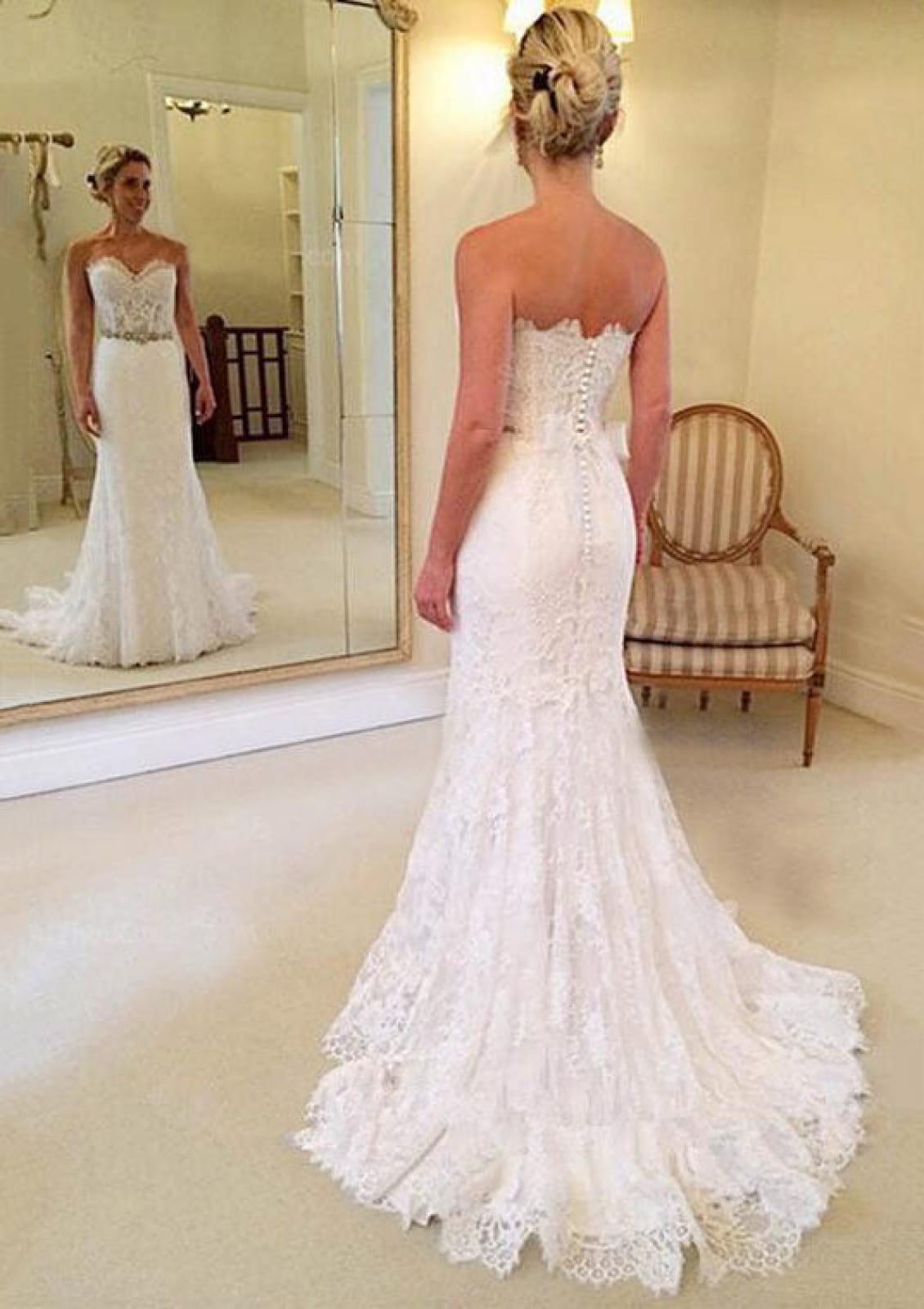 Sheath Lace Strapless Wedding Dress Court Sweetheart Beaded