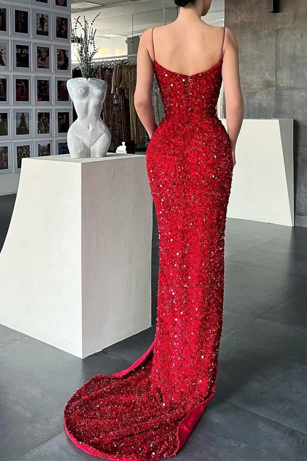 Sheath Prom Dress Sexy Red Sequin Straps Long Sweep Sleeveless Slit