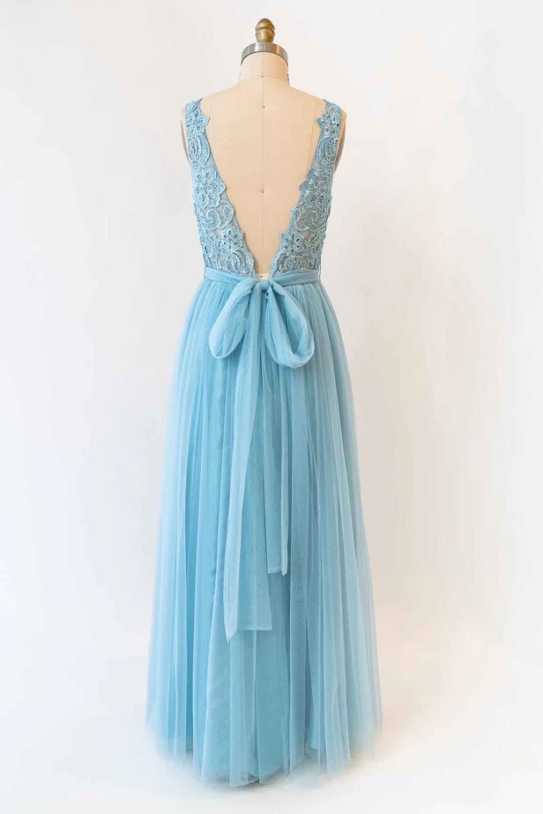 Sheer Lace Tulle Deep V Back Long Light Blue Bridesmaid Dress, Sash