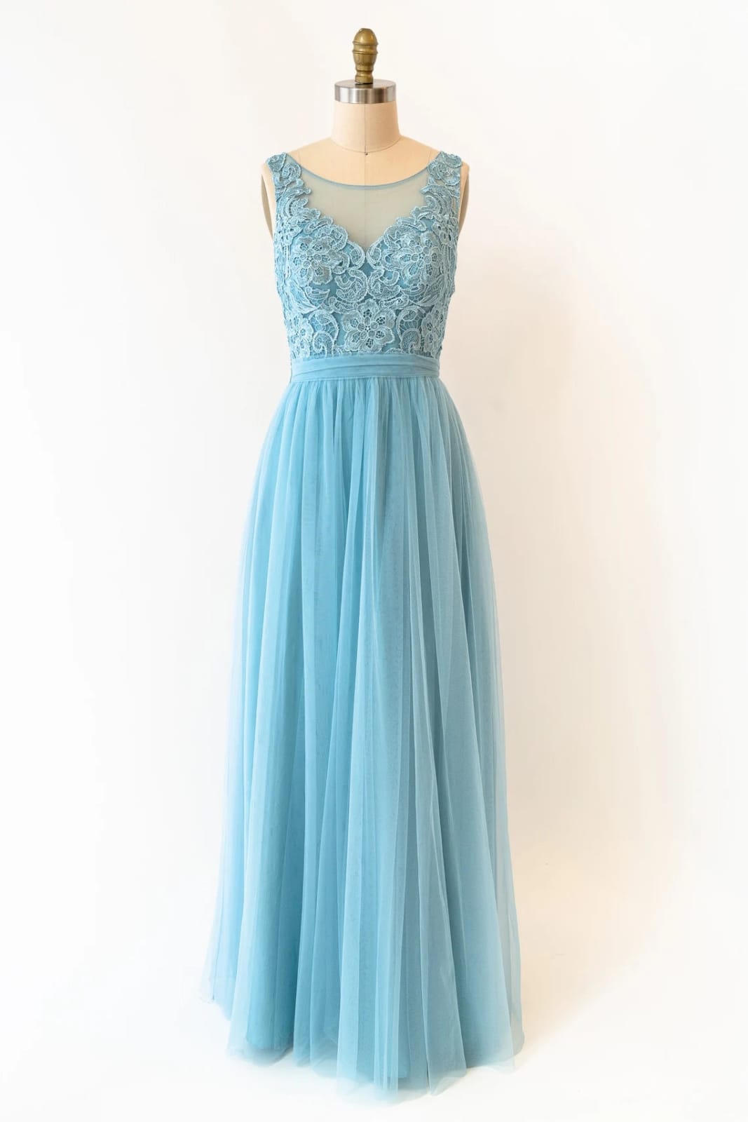 Sheer Lace Tulle Deep V Back Long Light Blue Bridesmaid Dress, Sash