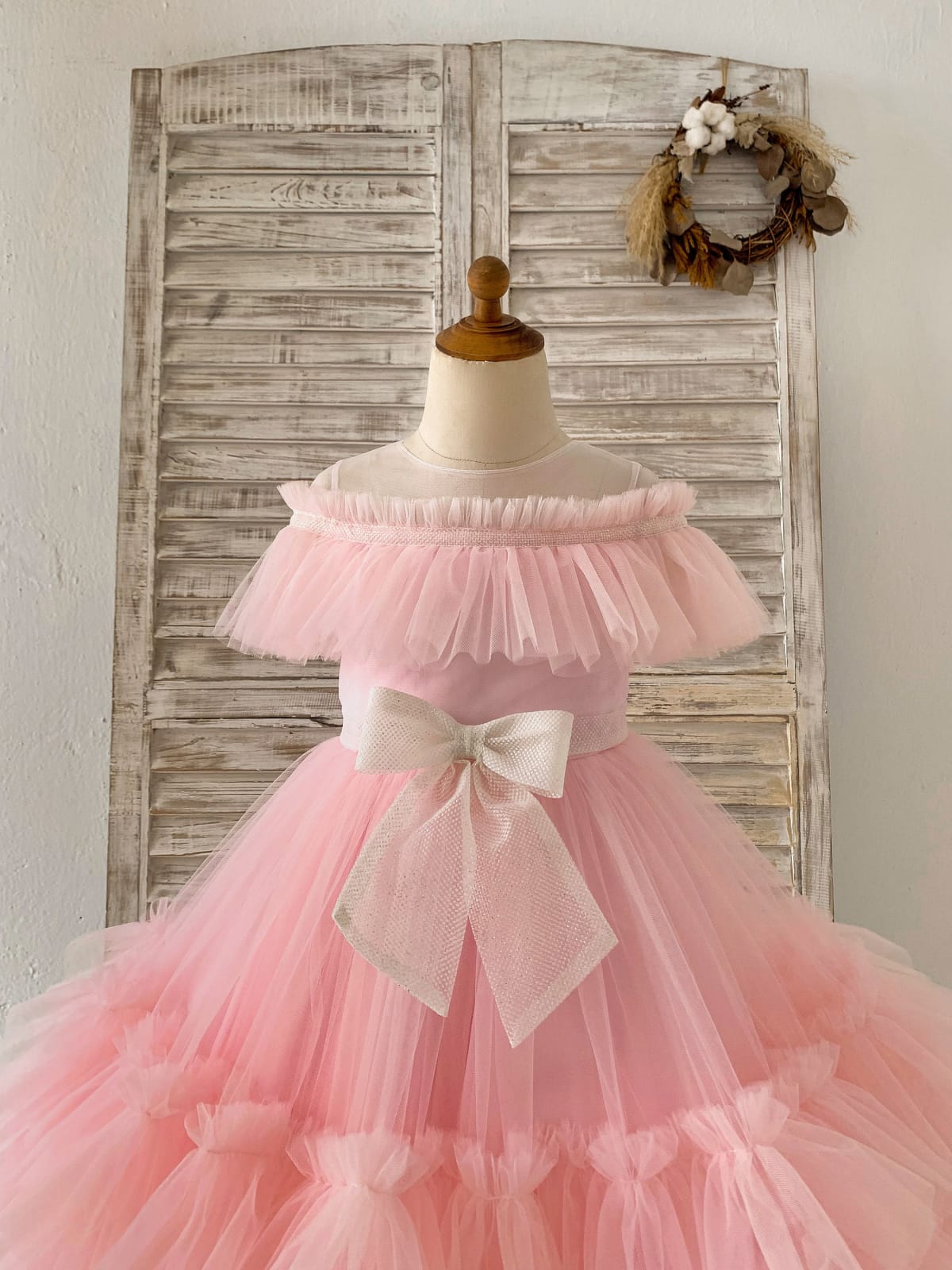 Sheer Neck Pink Ruffles Tulle Wedding Flower Girl Dress Kids Party, Glittering Bow