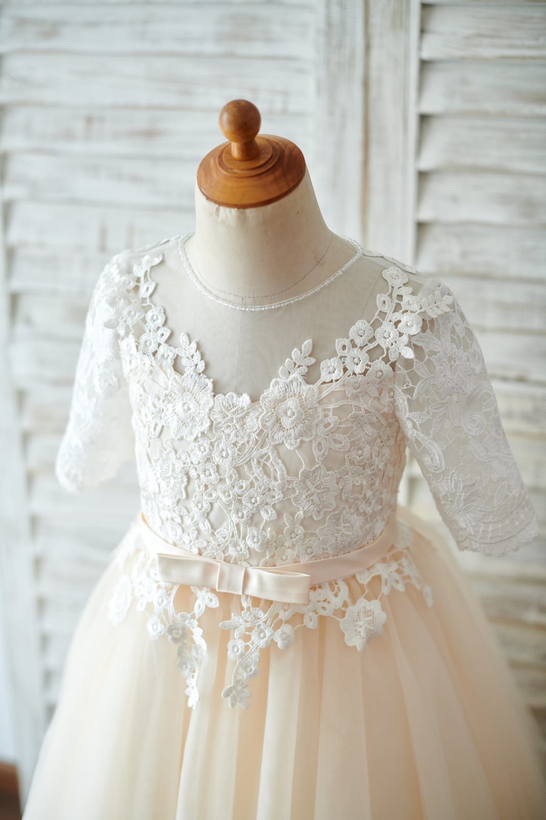 Short Elbow Sleeves Ivory Lace Champagne Tulle Wedding Flower Girl Dress