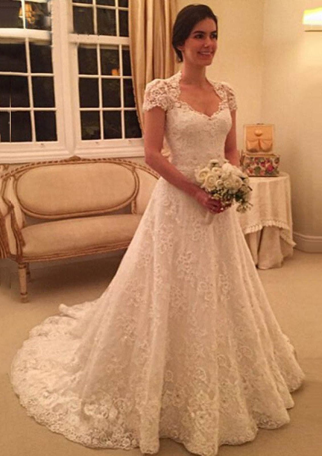 Short Sleeve Button Back A-line Lace Court Wedding Dress, Beaded