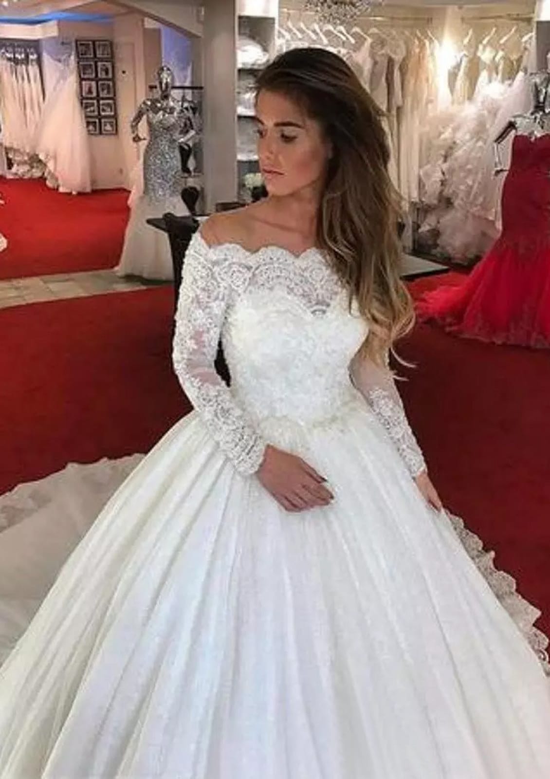 Off Shoulder Ball Gown Chapel Lace Bridal Wedding Dress, Pleats