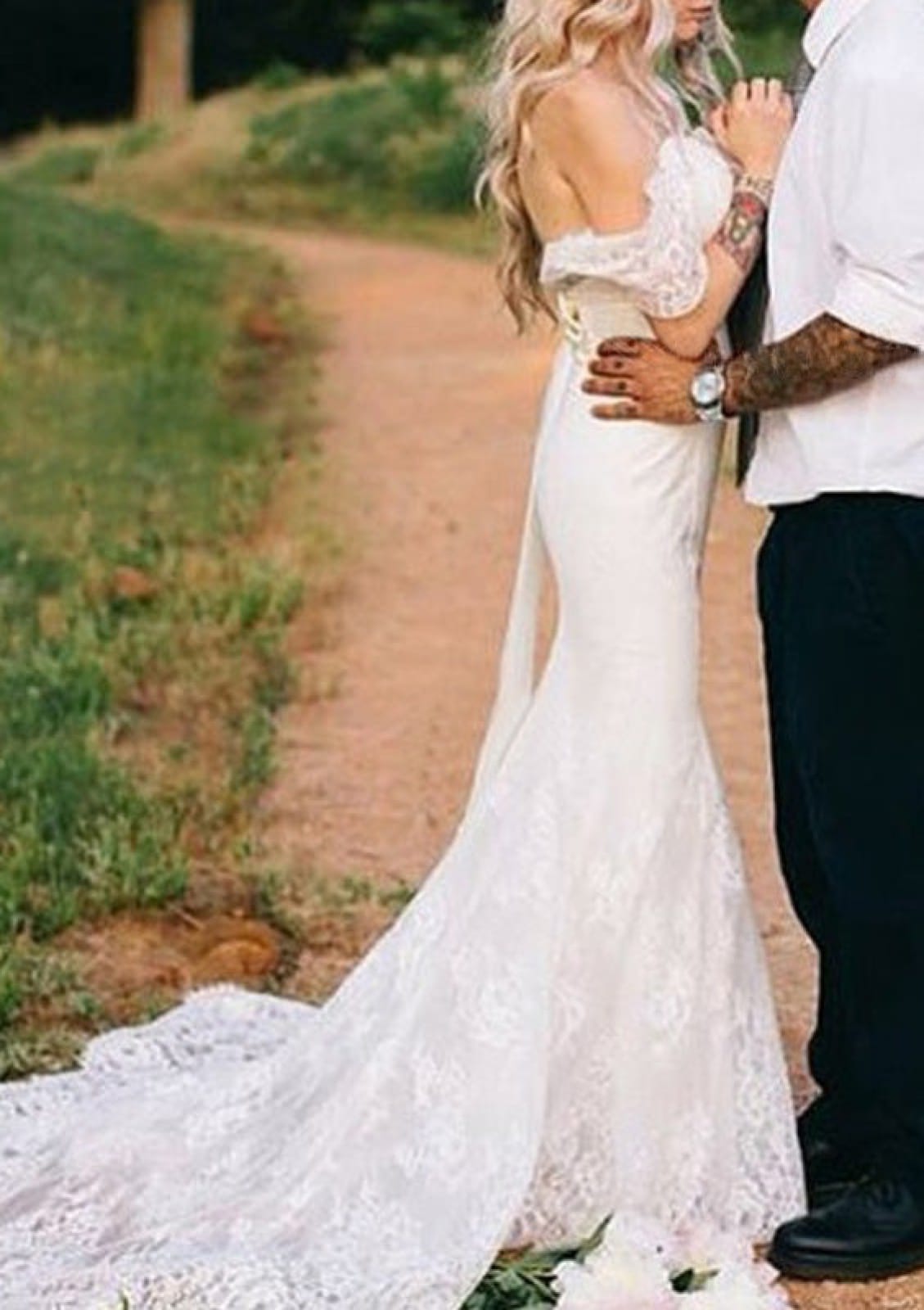 Off Shoulder Court Train Ivory Lace Mermaid Wedding Dress