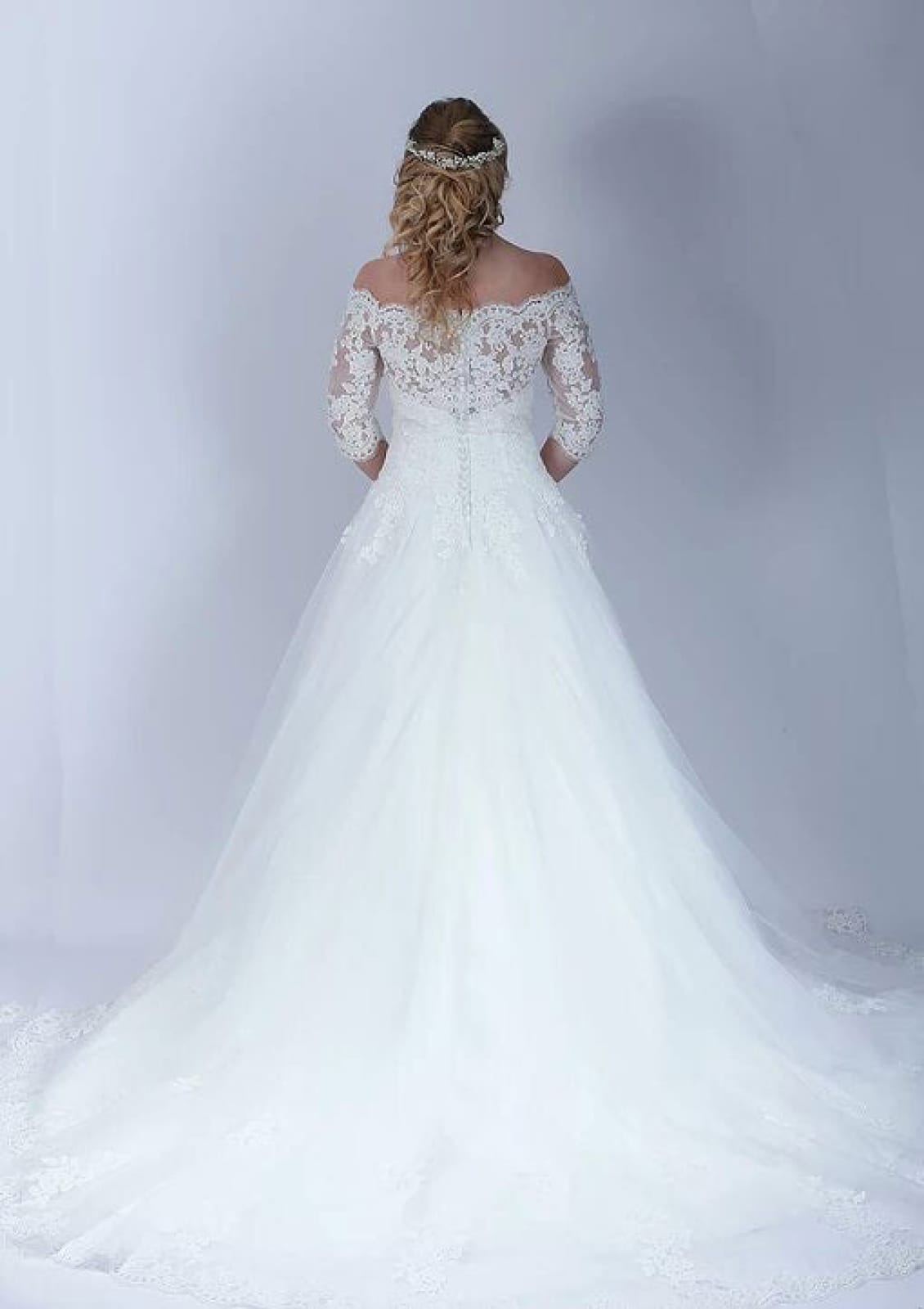 Off Shoulder Half Sleeve Lace Tulle Chapel A-line Wedding Dress, Buttons