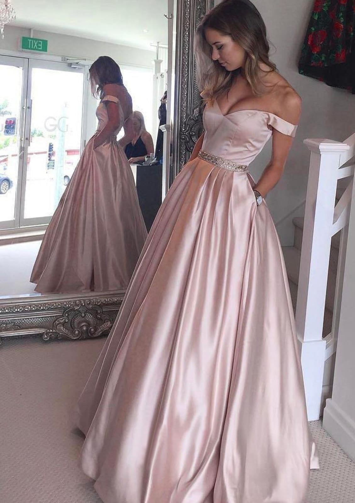 Off Shoulder Long Satin Formal Ball Gown Evening Prom Dress, Beaded
