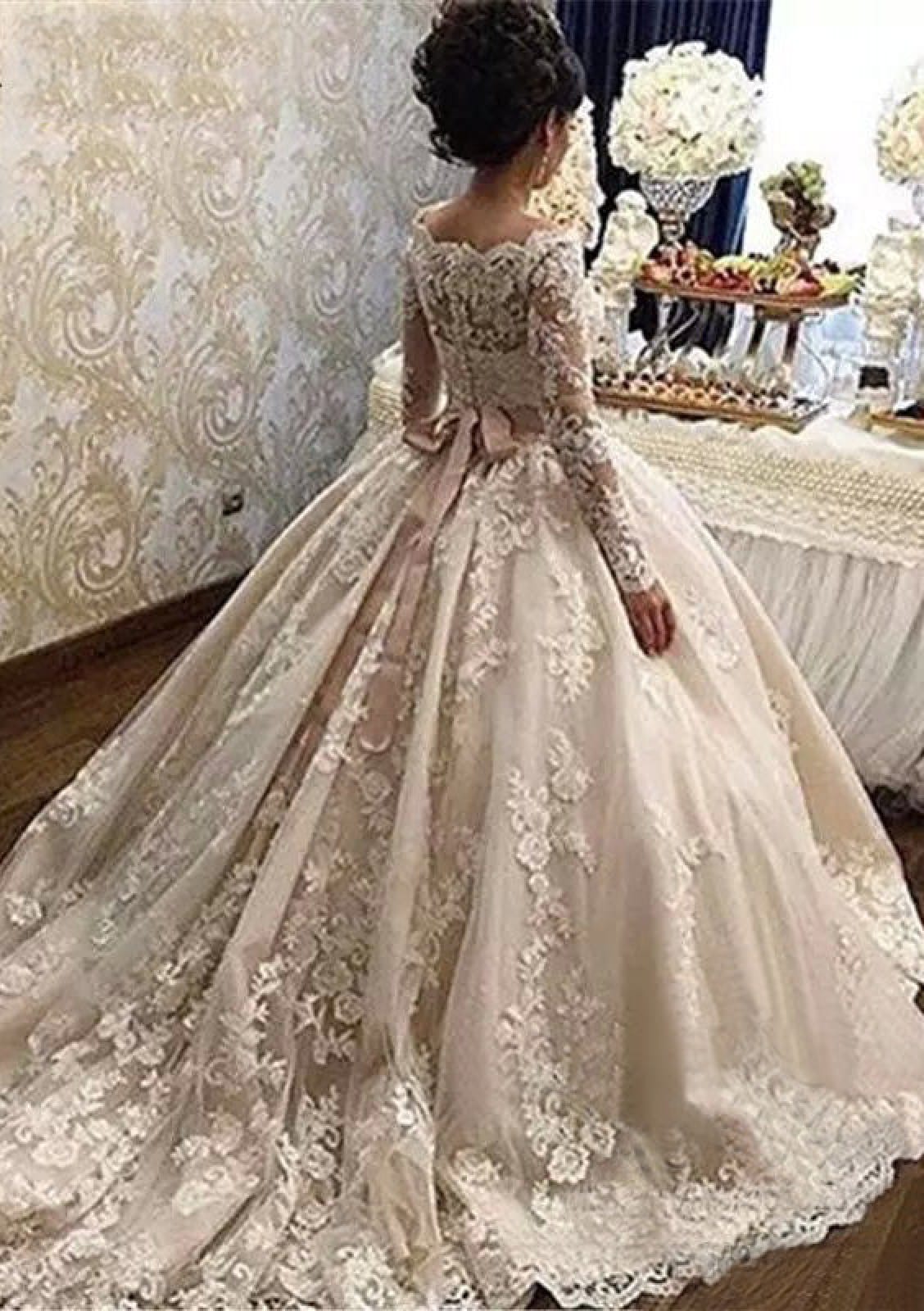 Off Shoulder Long Sleeve Ball Gown Lace Chapel Wedding Dress, Sash