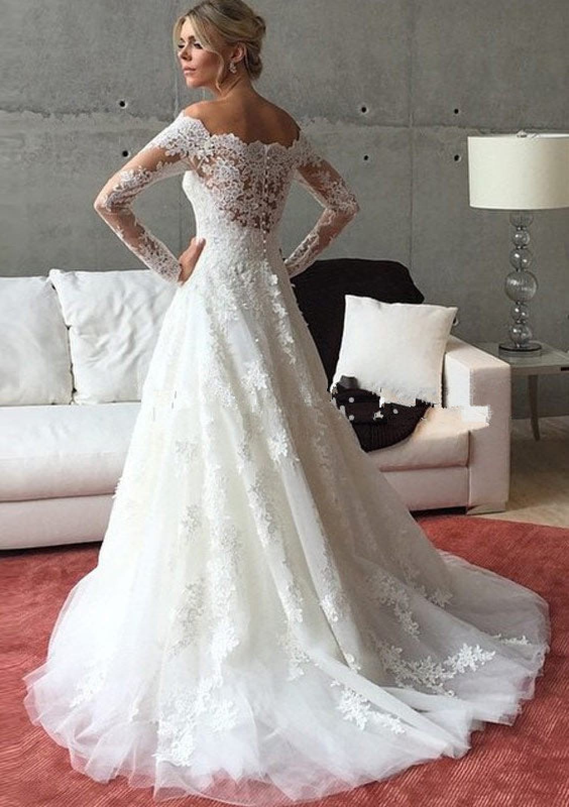 Off Shoulder Long Sleeve Court Train Tulle Lace Bridal Wedding Dress