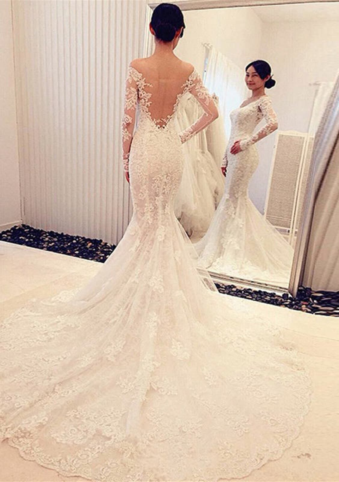 Off Shoulder Long Sleeve Illusion Back Lace Mermaid Wedding Dress