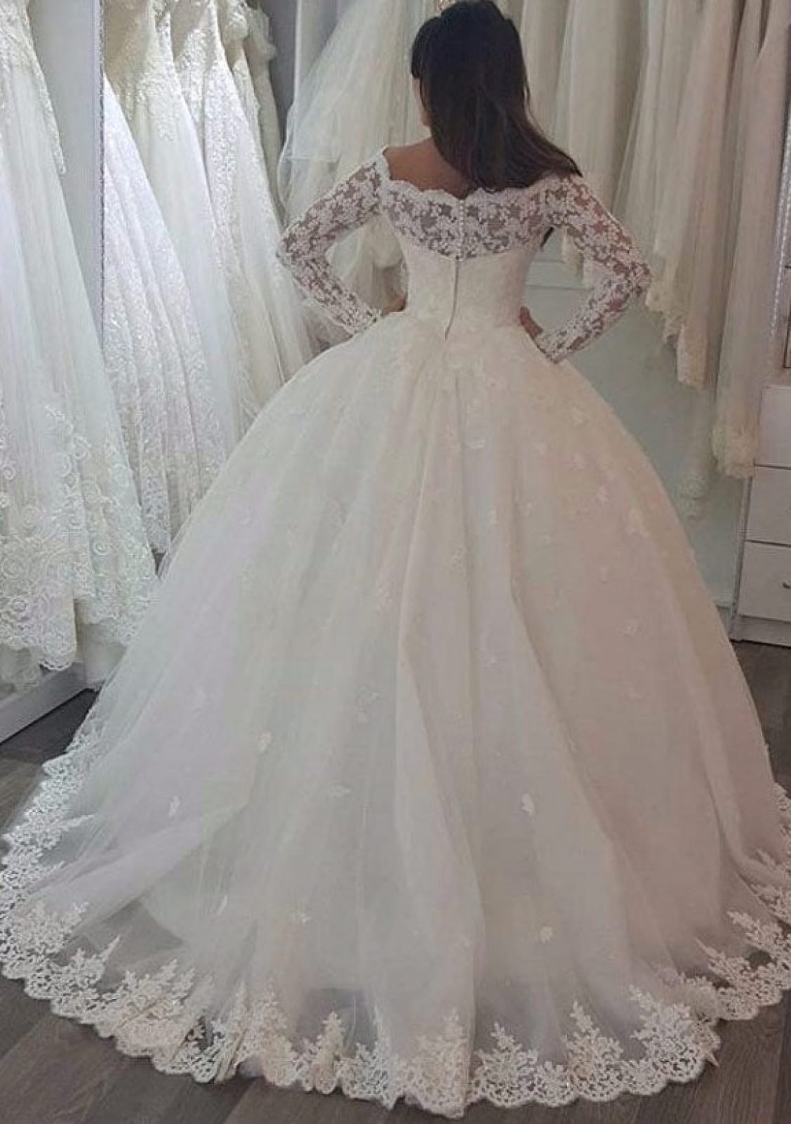 Off Shoulder Long Sleeve Sweep Lace Ball Gown Wedding Dress