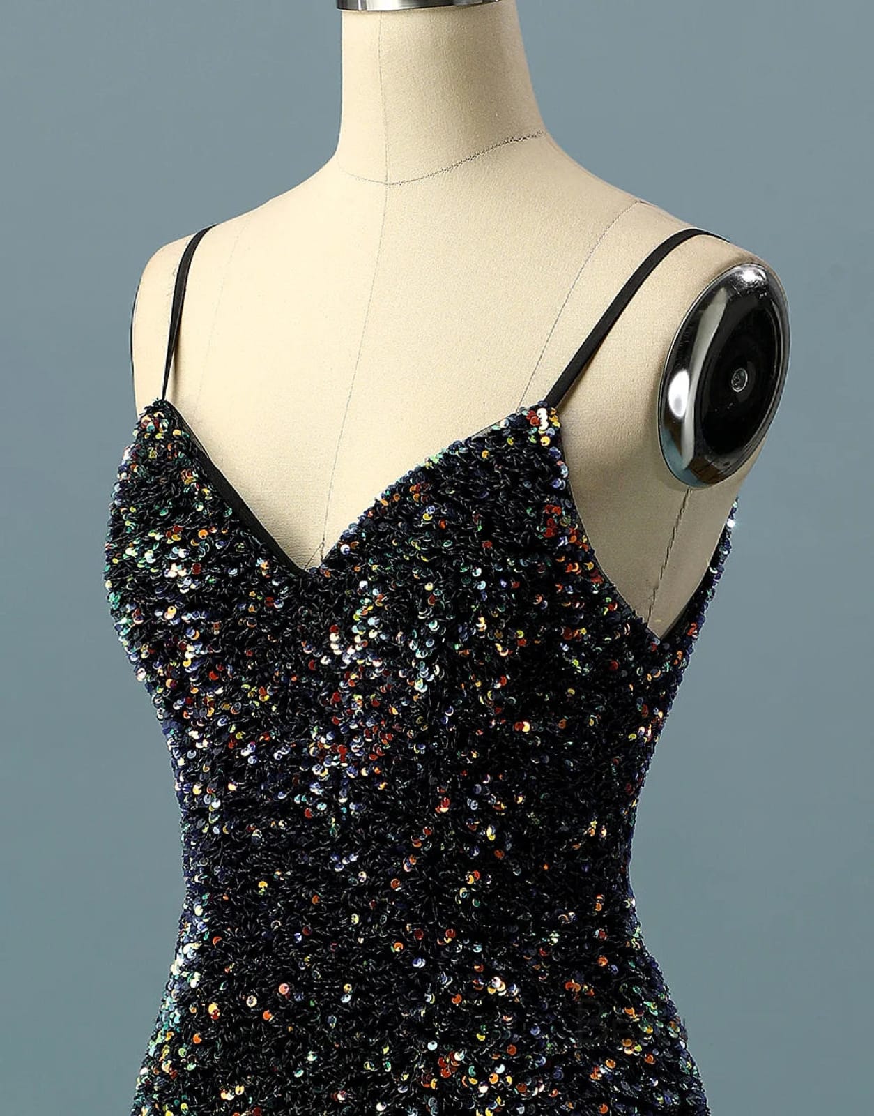 Simple Black Sequin Spaghetti Straps V Back Short Homecoming Dress