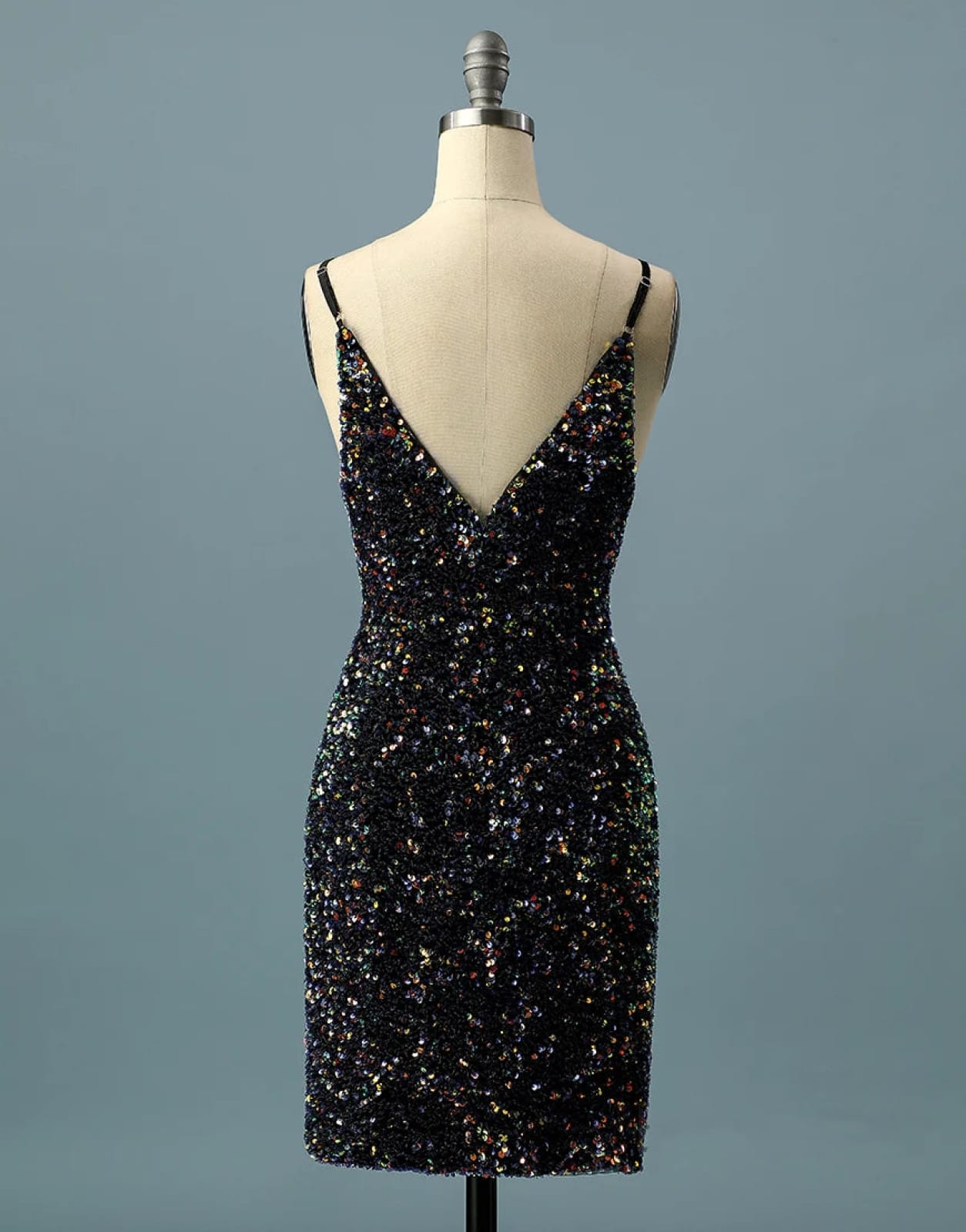 Simple Black Sequin Spaghetti Straps V Back Short Homecoming Dress