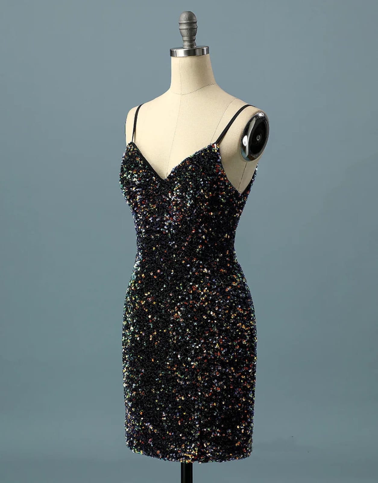 Simple Black Sequin Spaghetti Straps V Back Short Homecoming Dress