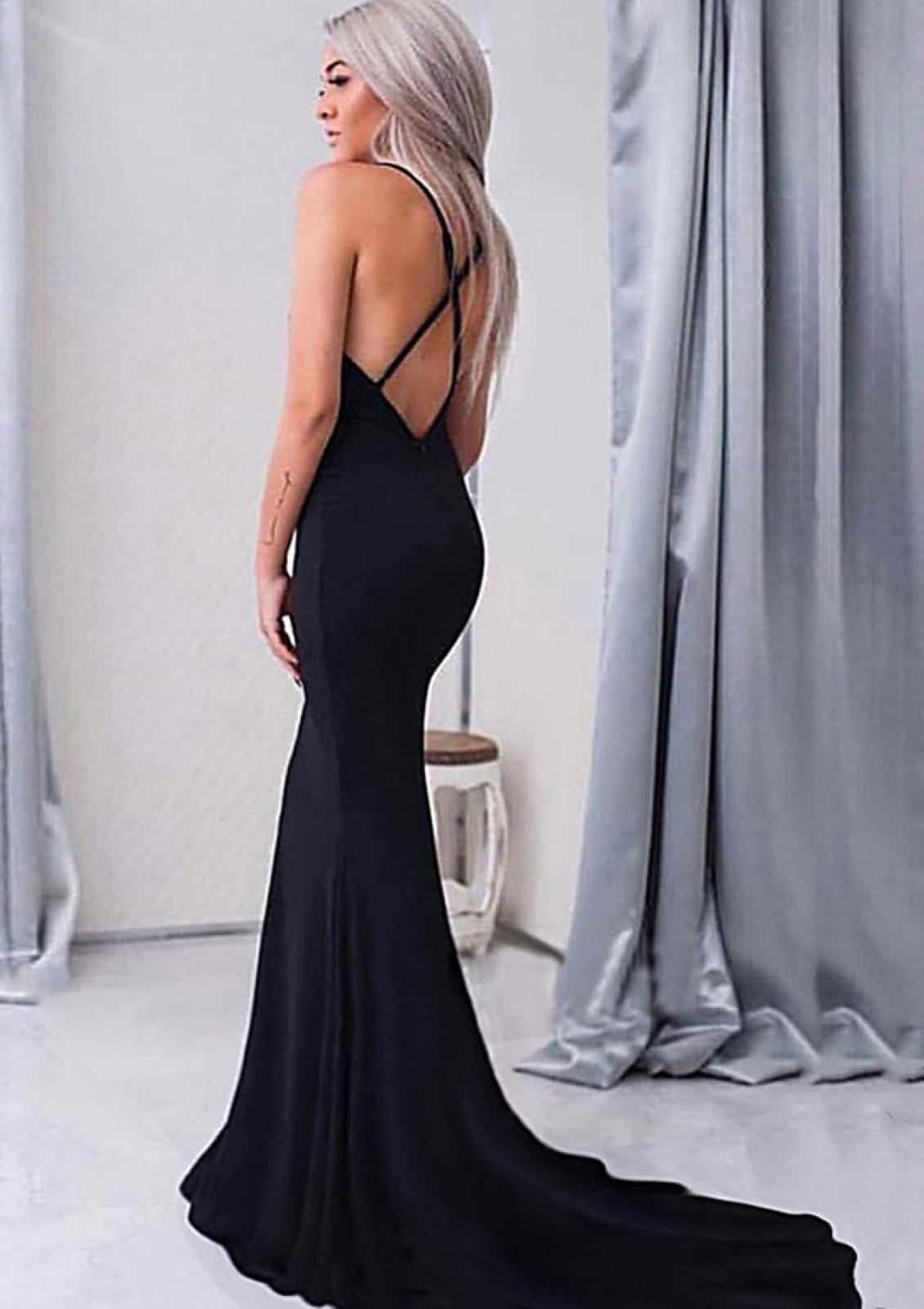 Sleeveless Elastic Satin Court Train Formal Black Mermaid Evening Gown Long Prom Dress