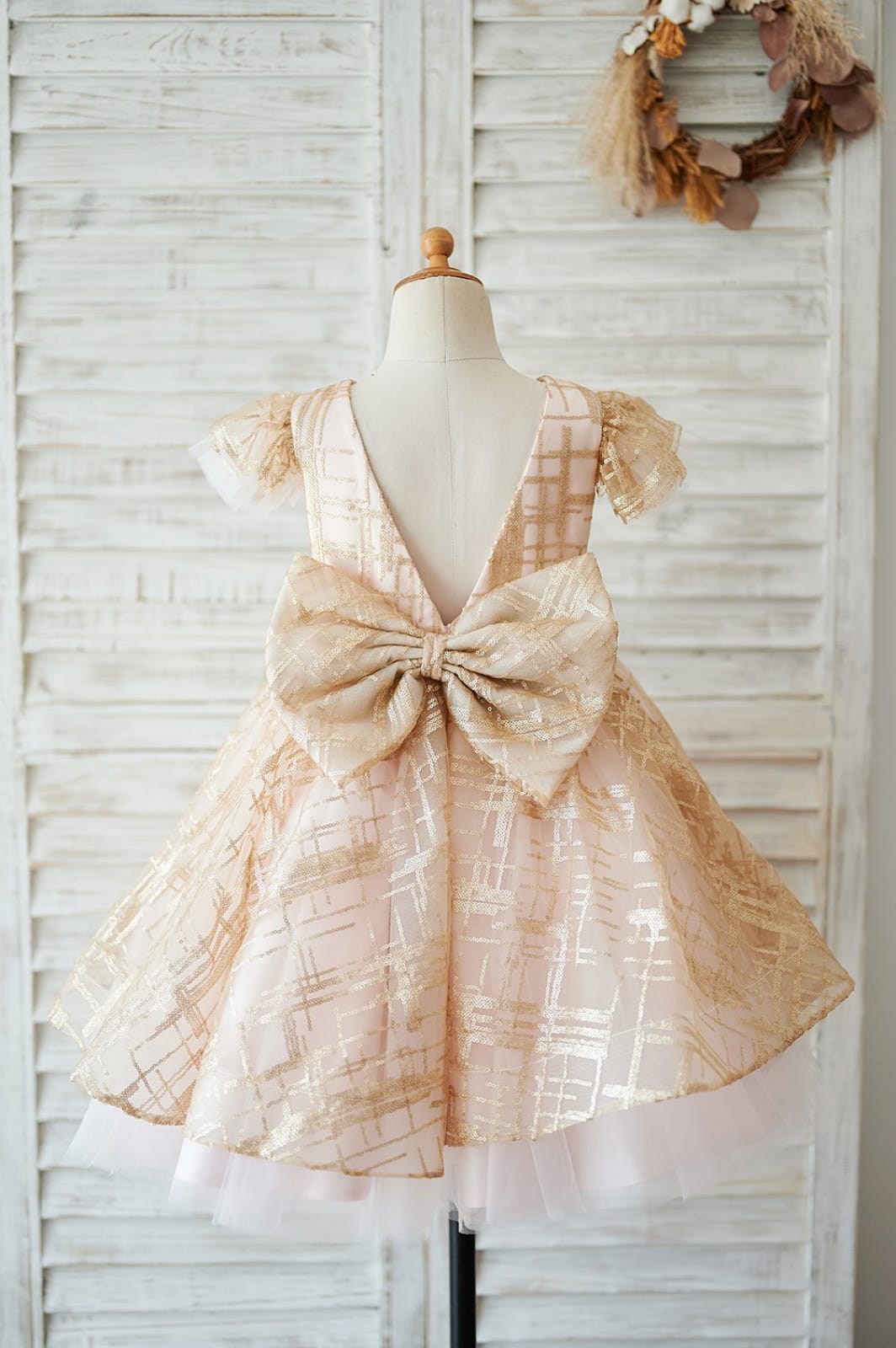 Cap Sleeves V Back Pink Tulle Champagne Sequin Wedding Flower Girl Dress