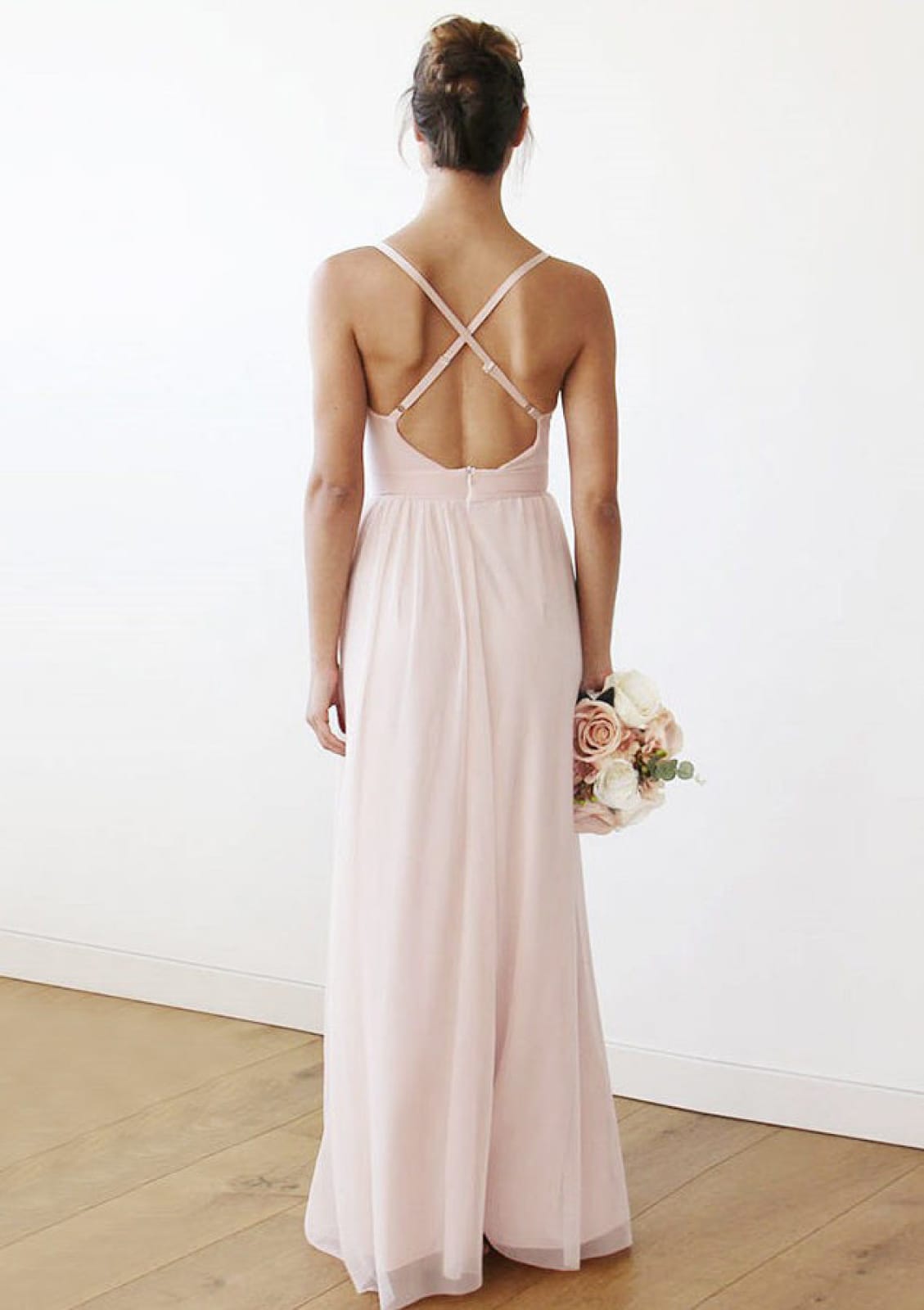 Spaghetti Strap Plunge Long Chiffon Evening Gown Bridesmaid Dress, Pleated