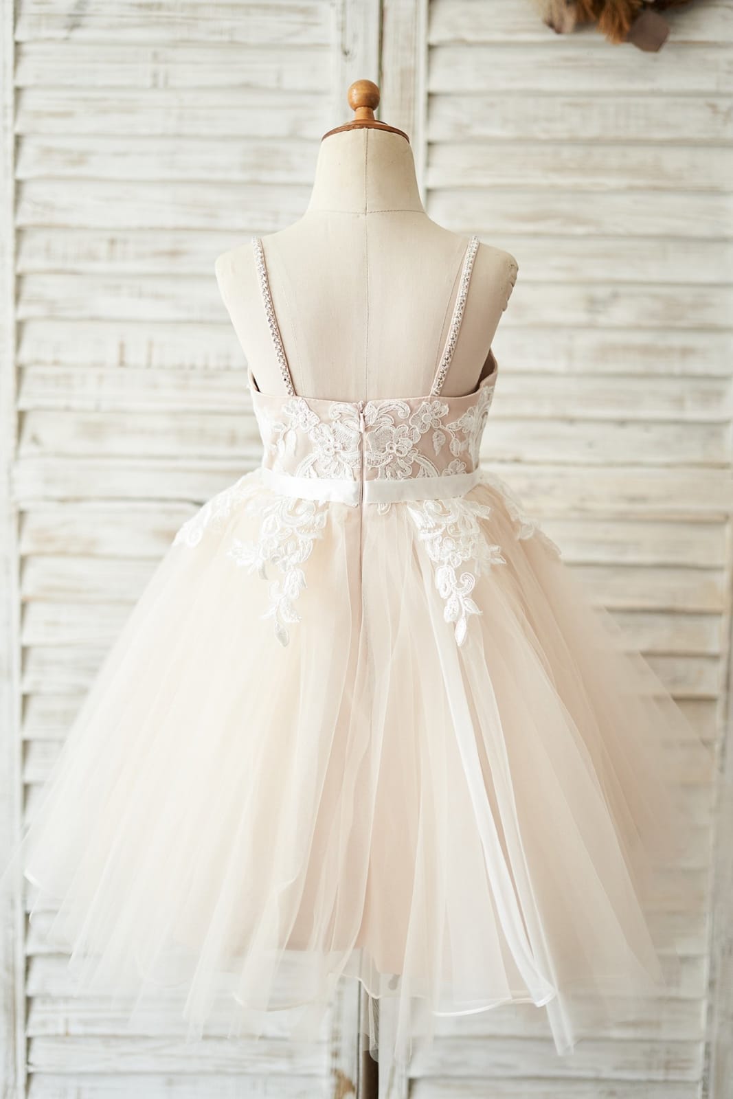 Spaghetti Straps Ivory Lace Peach Tulle V Neck Wedding Flower Girl Dress