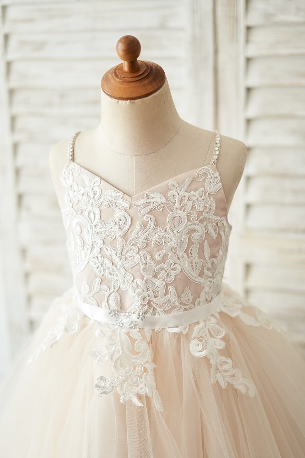 Spaghetti Straps Ivory Lace Peach Tulle V Neck Wedding Flower Girl Dress