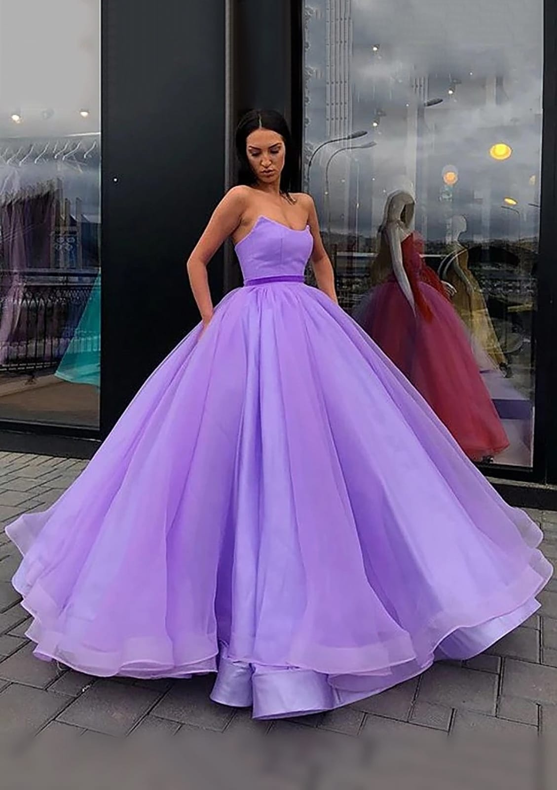 Strapless Sweetheart Ball Gown Floor-Length Organza Party Prom Dress, Horsehair Hem