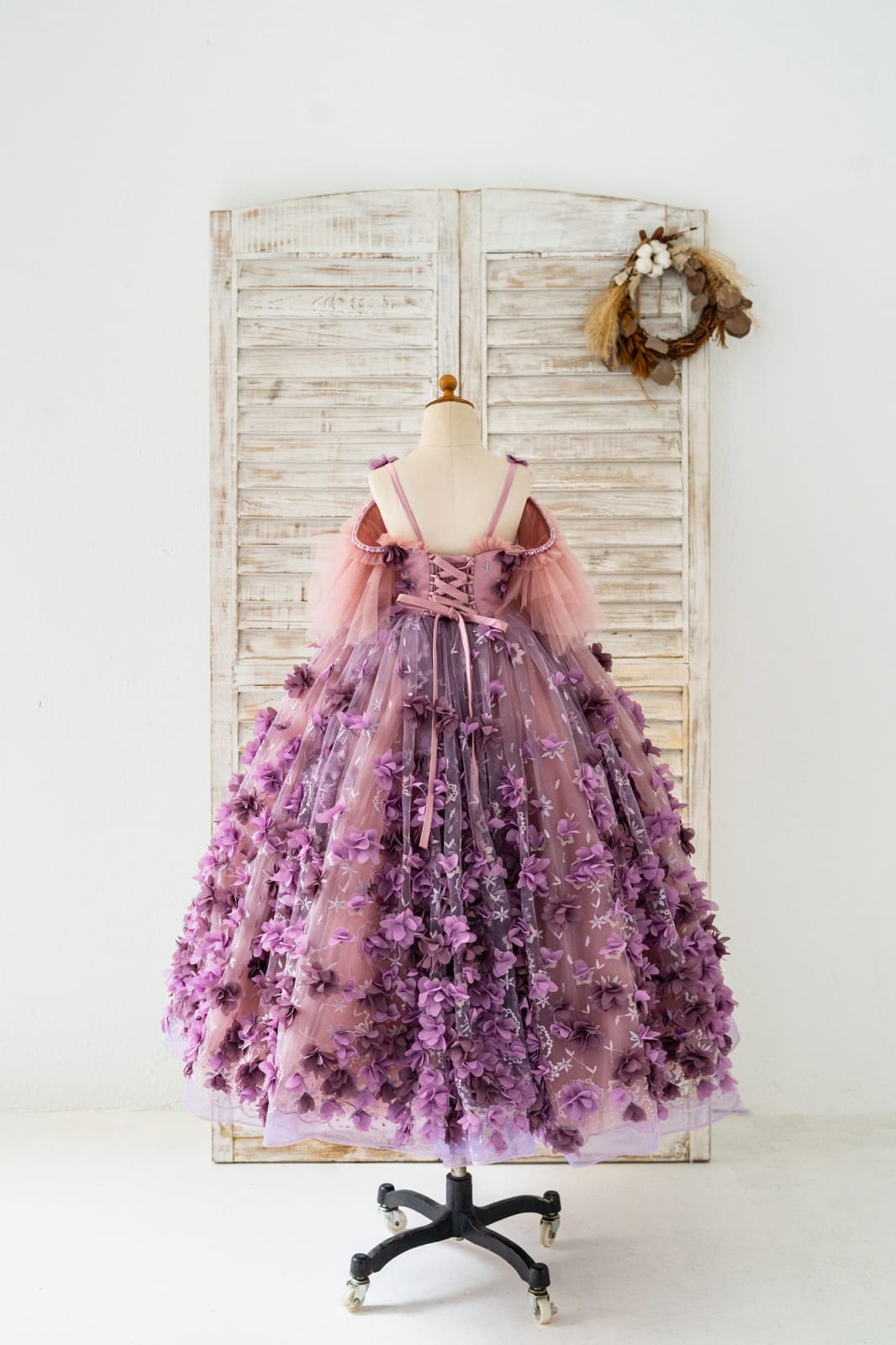 Straps 3D Purple Lace Flower Tulle Wedding Flower Girl Dress Photography Gown