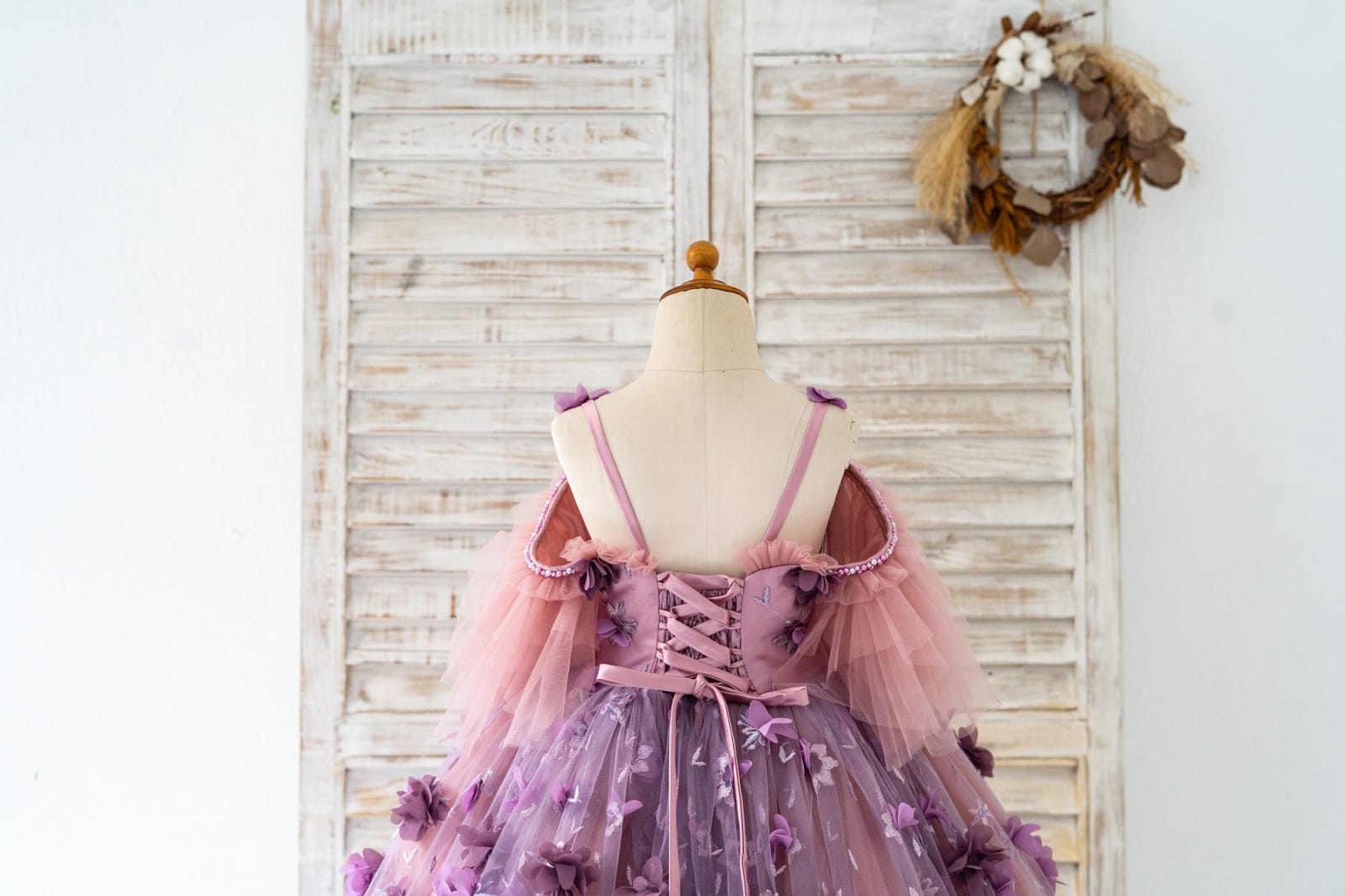 Straps 3D Purple Lace Flower Tulle Wedding Flower Girl Dress Photography Gown